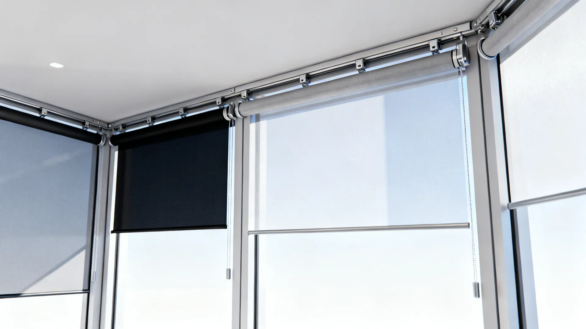 Continuous track-mounted roller blinds across a multi-panel angled bay with blackout and translucent panels.