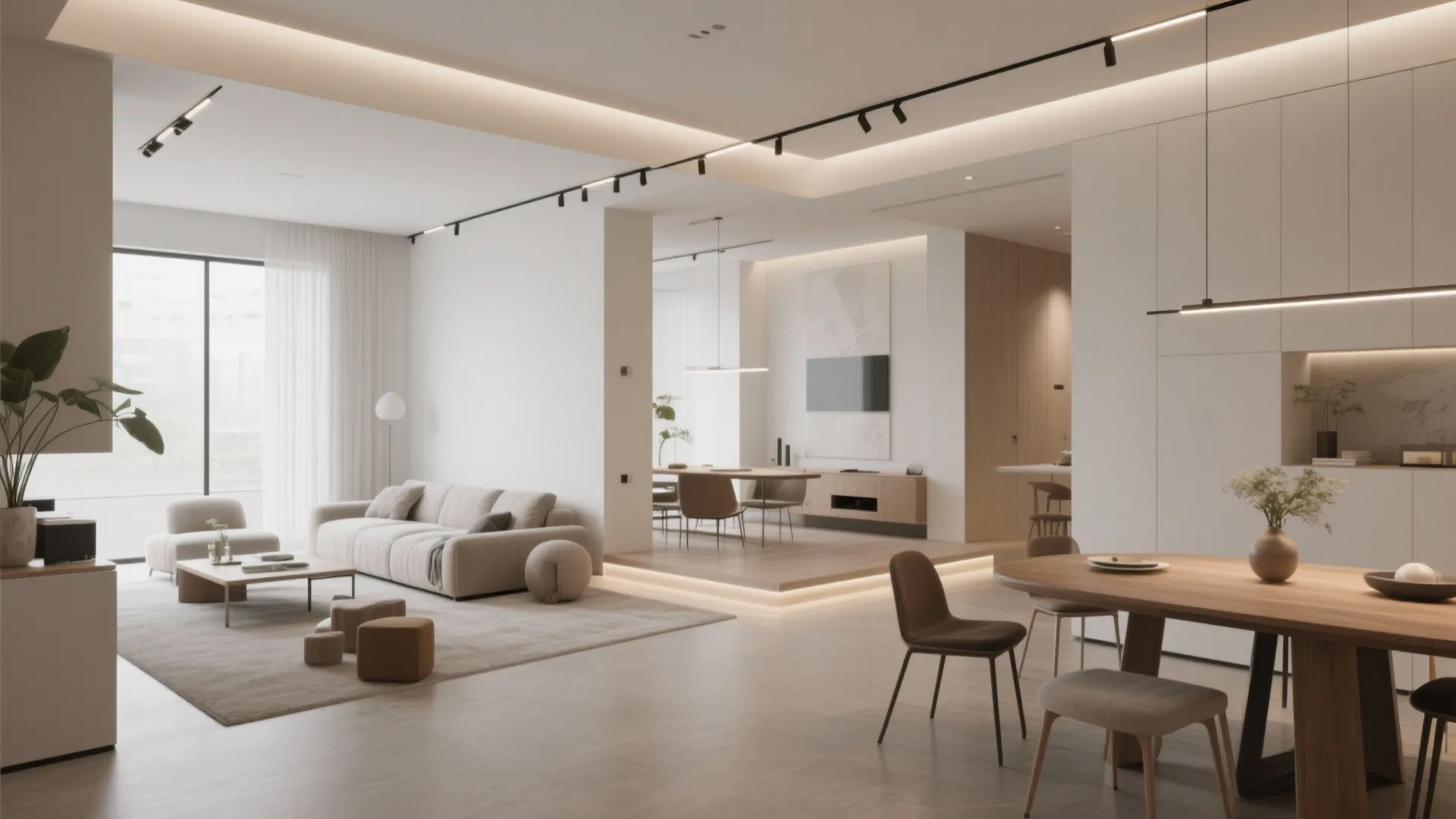 Track lighting dividing living and dining zones in an open plan