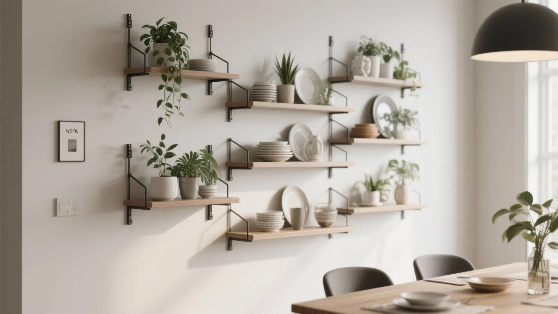 Wooden wall shelves holding green potted plants and white plates above a modern dining table
