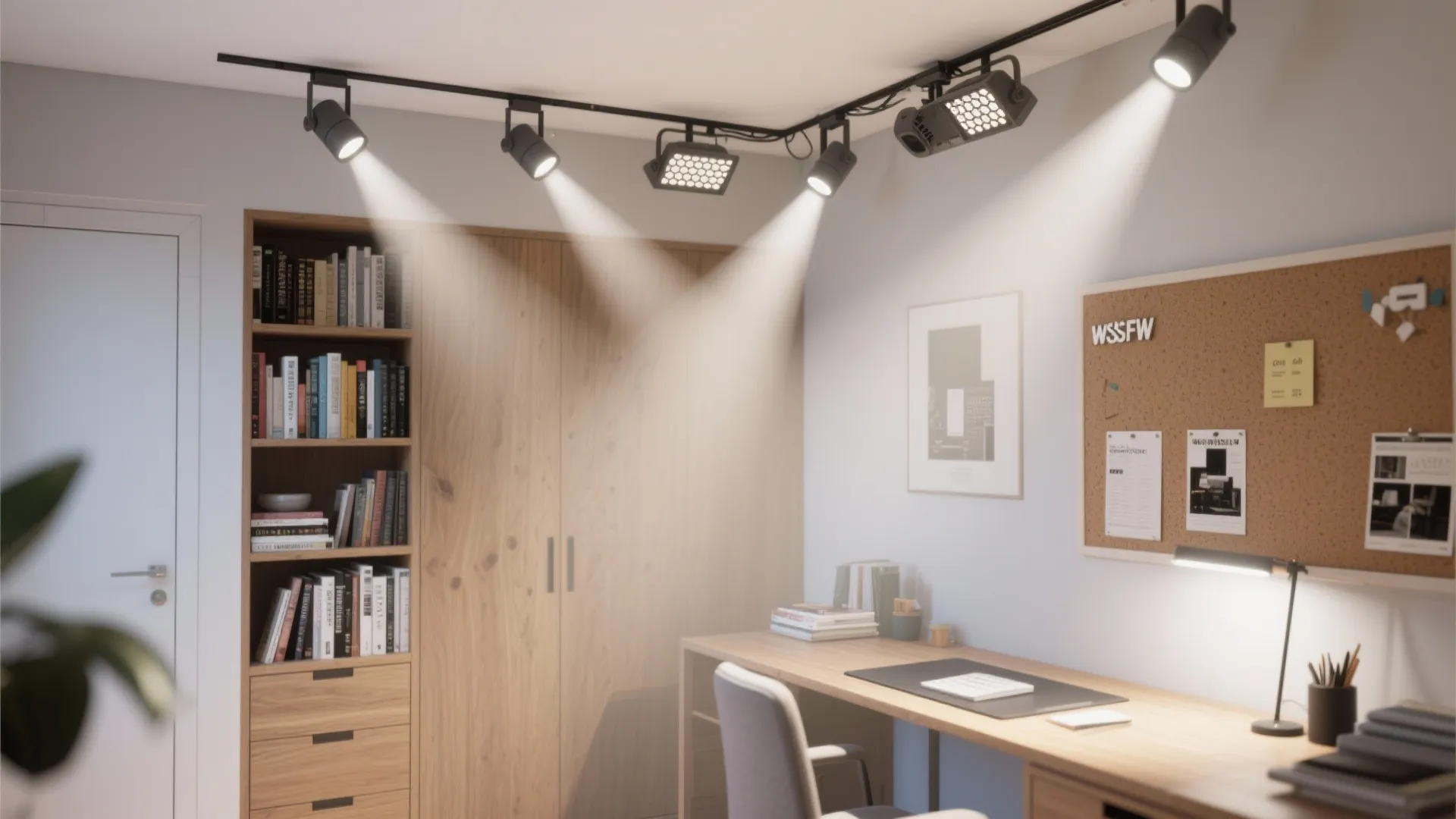 Adjustable track or gimbal spots for shelves, whiteboards, and the desk