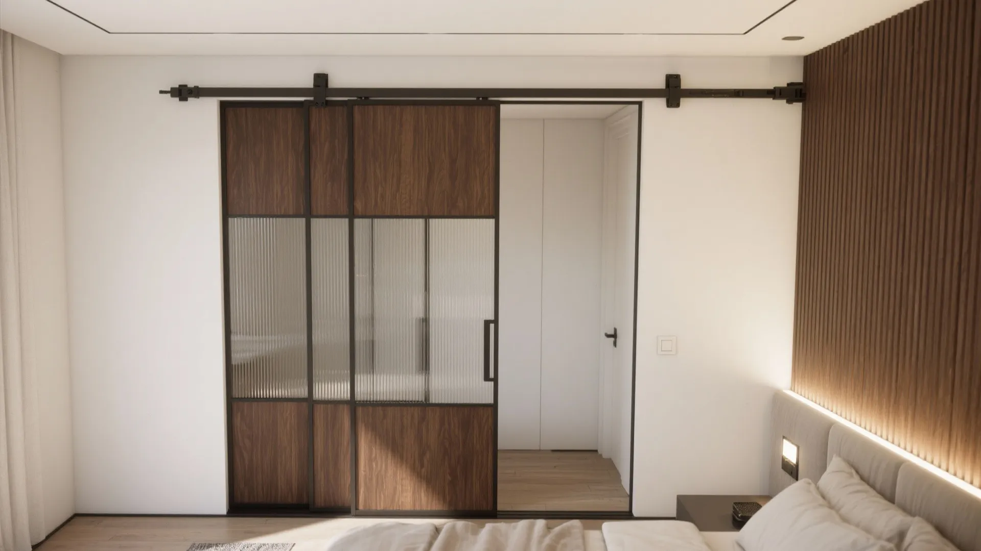Modern bedroom featuring a sliding glass door with wood panels and black metal track system frame