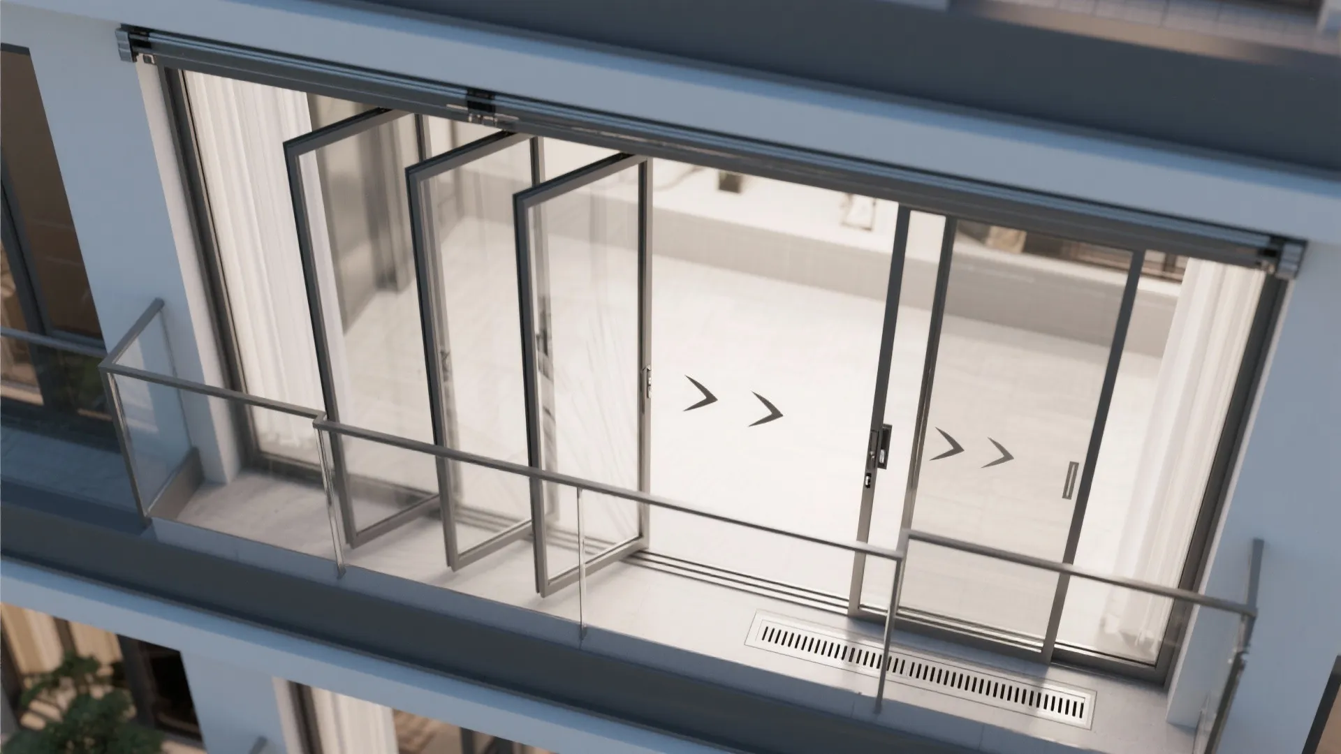 Top view of a balcony with sliding glass doors opening into a white tiled floor