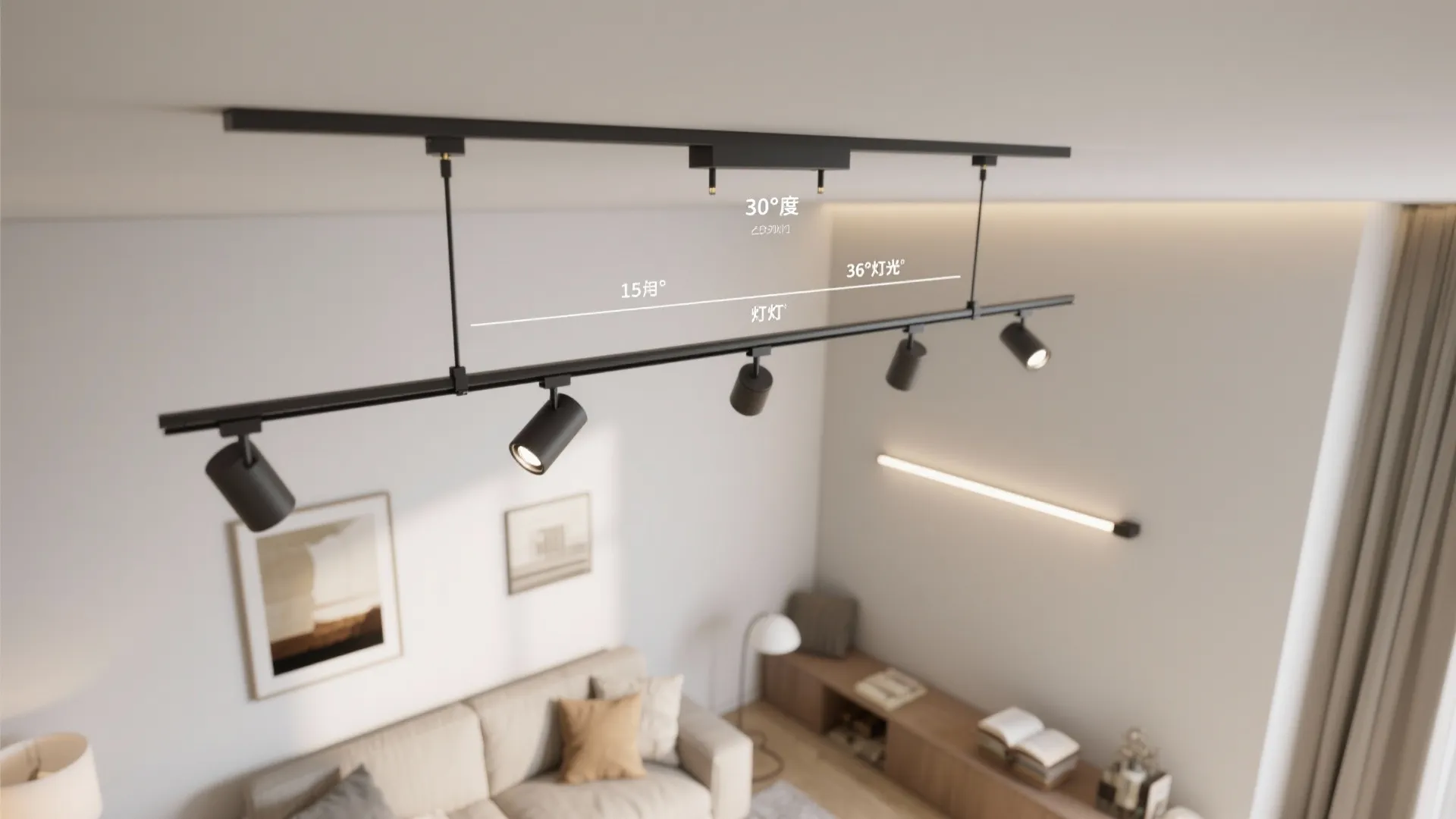 Track lighting rails for adaptable art and task zones
