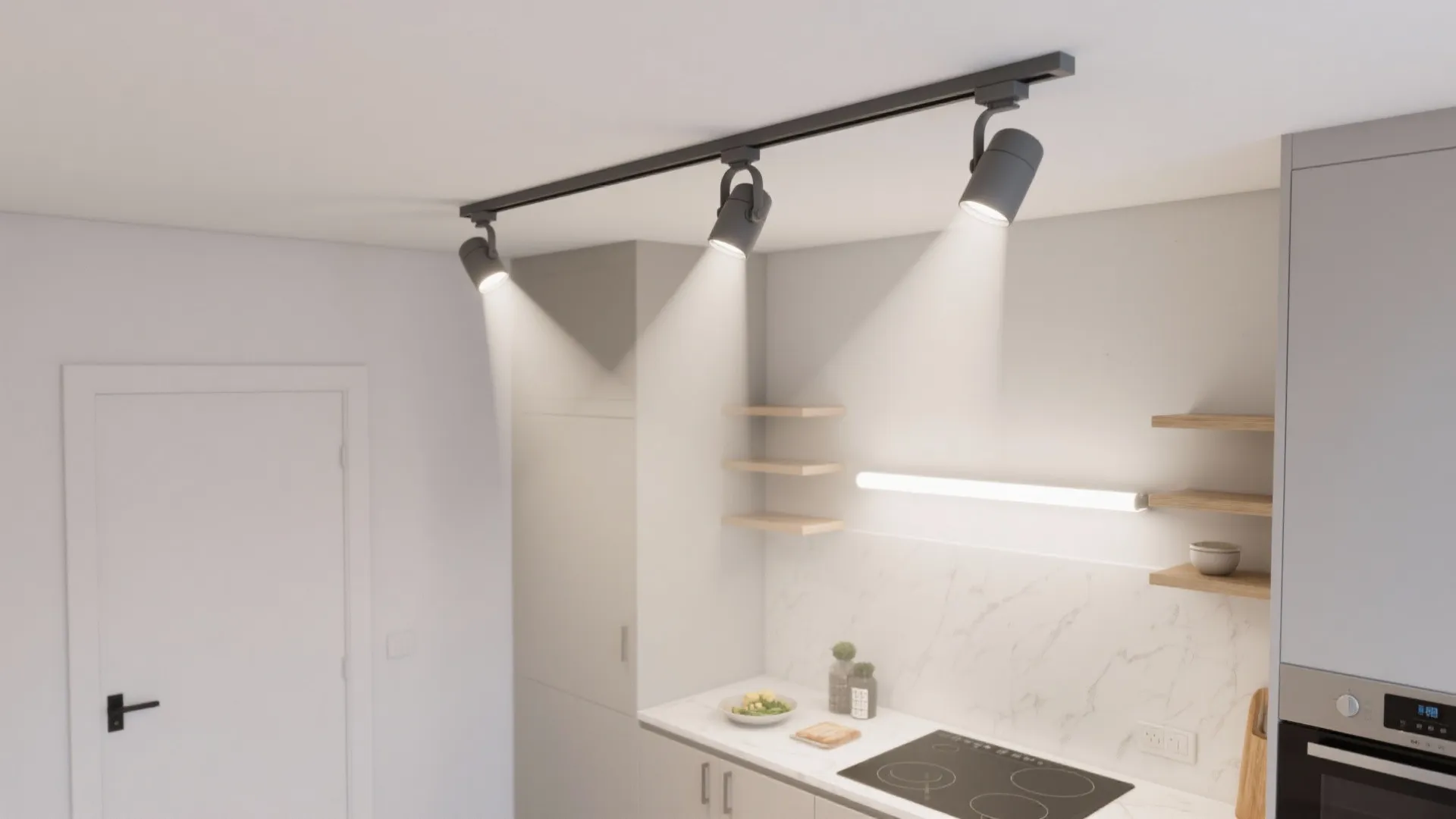 Track lighting with adjustable heads for task flexibility