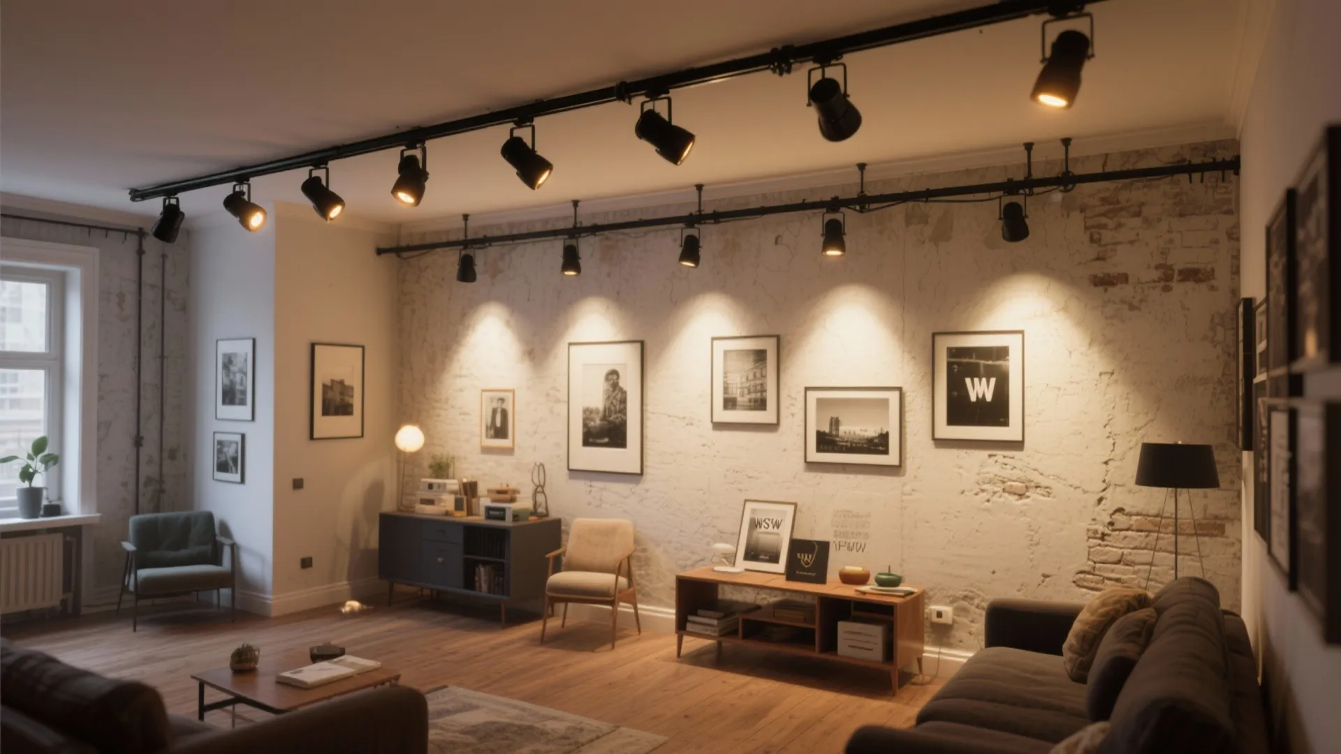 Industrial style living room featuring black track light fixtures washing light over framed wall gallery art