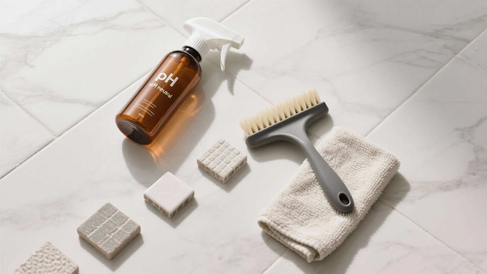 Flatlay of cleaning kit: pH-neutral spray, nylon brush, squeegee, microfiber cloth, and tile samples on textured porcelain.