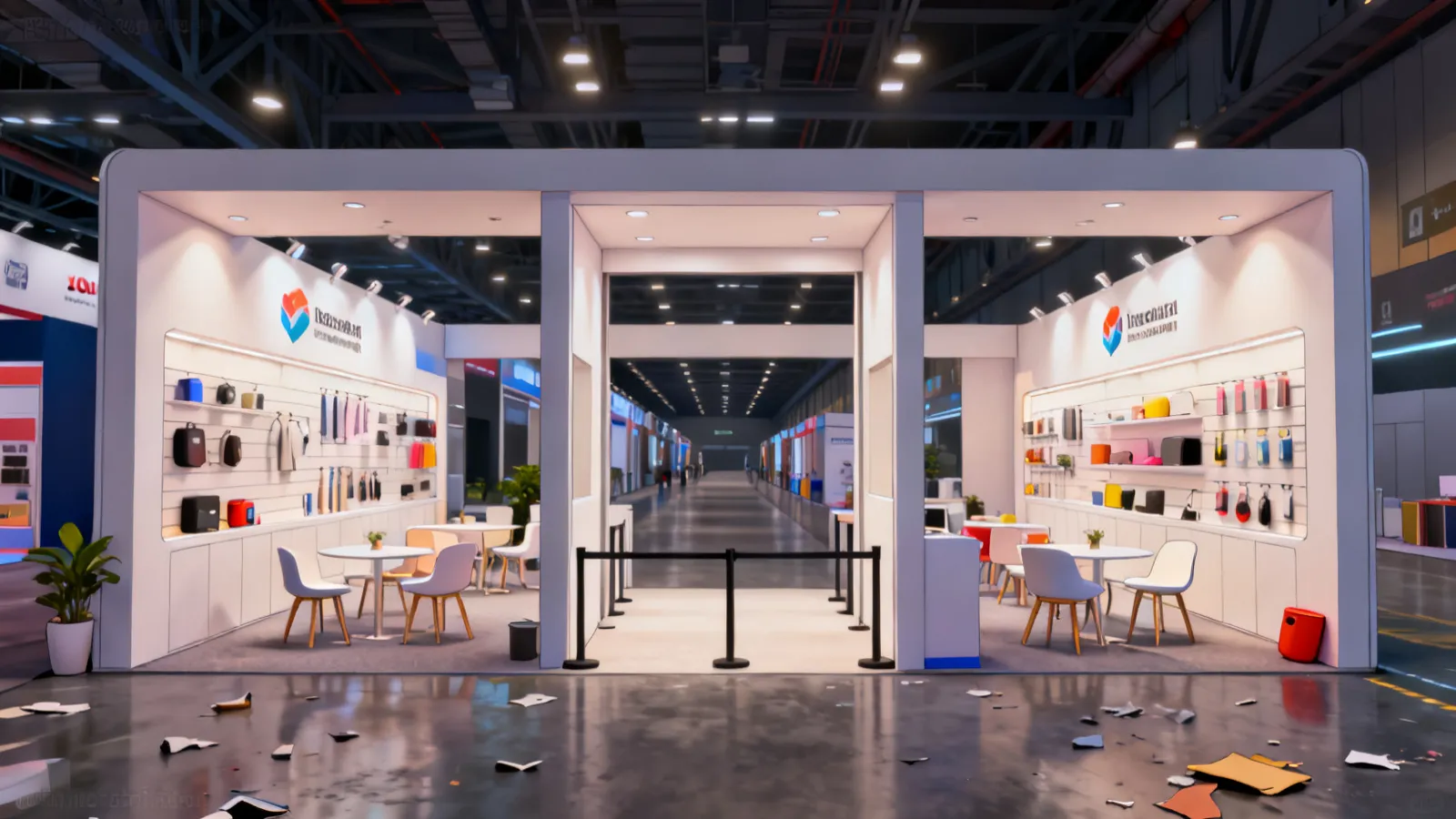 Open layout trade show booth design with welcoming entrance and product displays