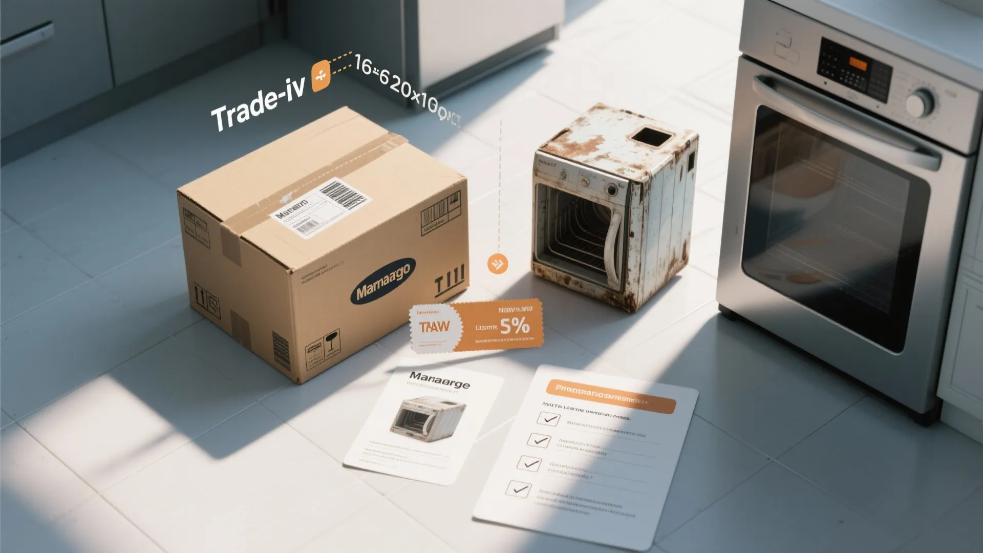 Top-down view of trade-in steps: boxed appliance, shipping label, and discount voucher for new purchase