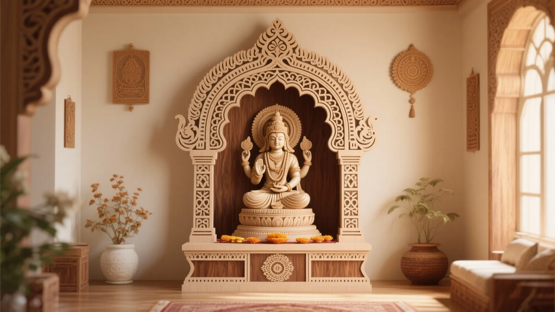 Traditional wooden altar with carved arch holding a statue next to plants and large windows
