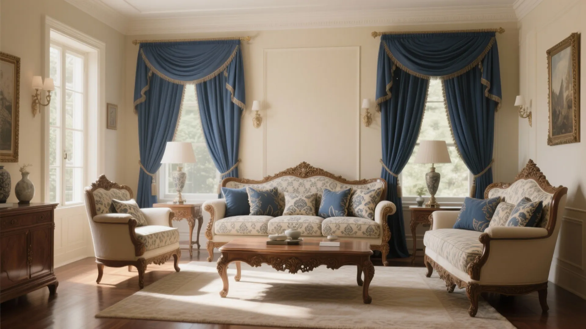 Traditional living room with ornate wooden sofa blue curtains white walls large windows and wooden cabinet