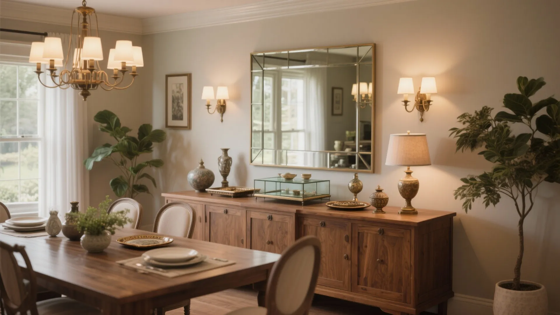 Traditional dining room with wooden cabinet large mirror wall lights ceiling light and green plants