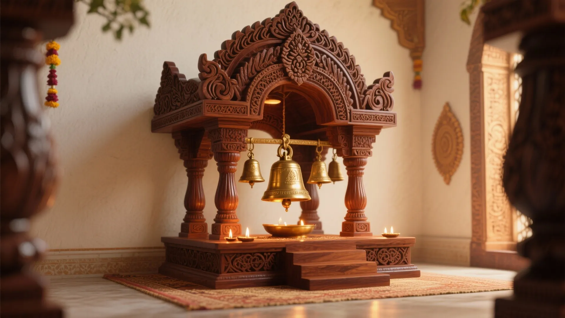 Traditional carved wood prayer altar featuring hanging brass bells small candles and a patterned floor rug