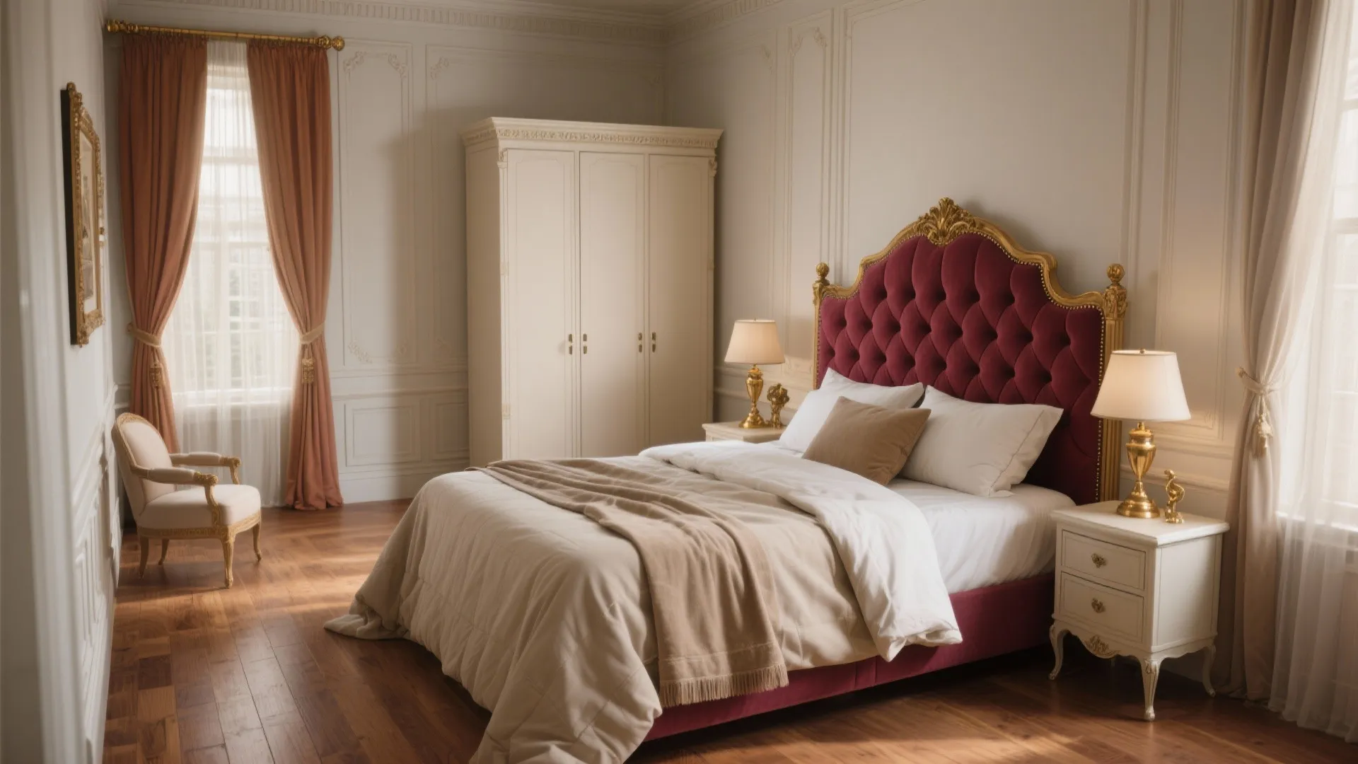 Classic bedroom with red headboard white bed white wardrobe pink curtains and two table lamps