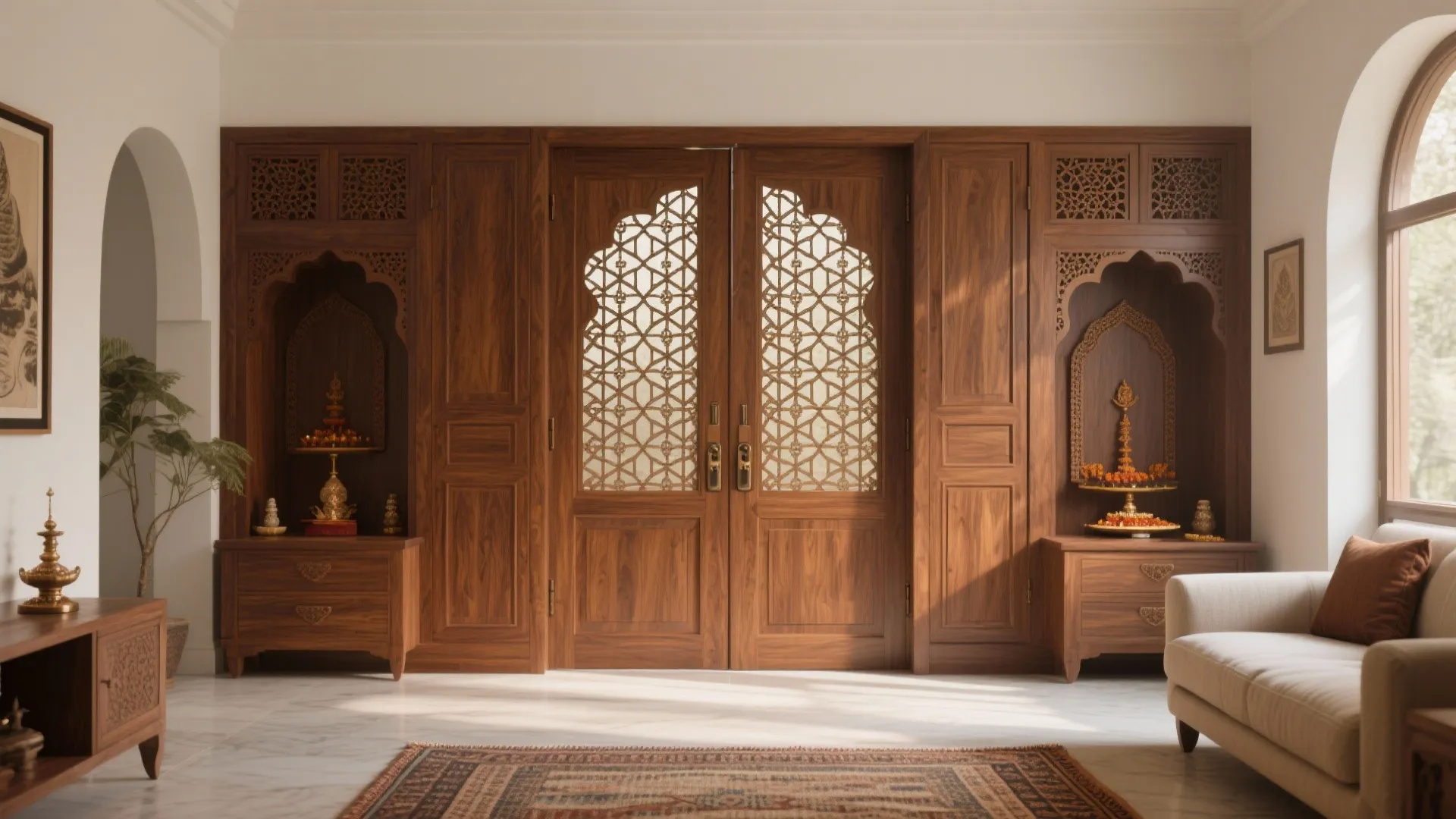Traditional paneled walnut pooja door with modern geometric jaali vents and coordinated hardware in a tidy living room.