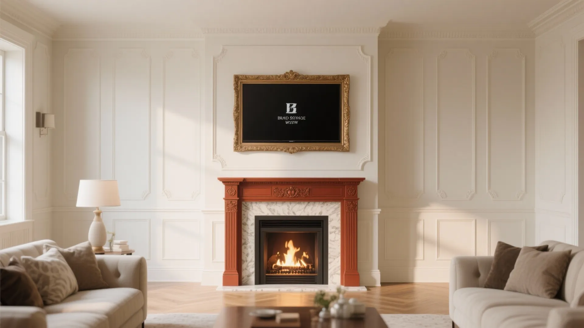 Elegant living room with traditional mantelpiece and framed TV