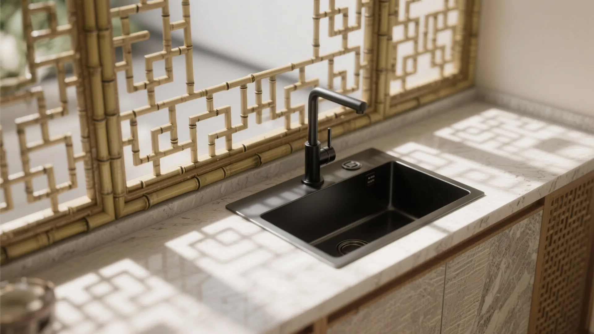 Black kitchen sink on marble countertop with decorative bamboo wall panel and natural window light
