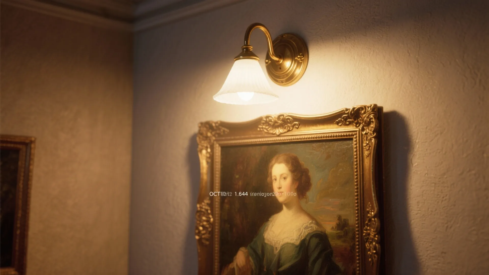 Vintage brass wall light illuminating a classic portrait painting in a gold frame on wall