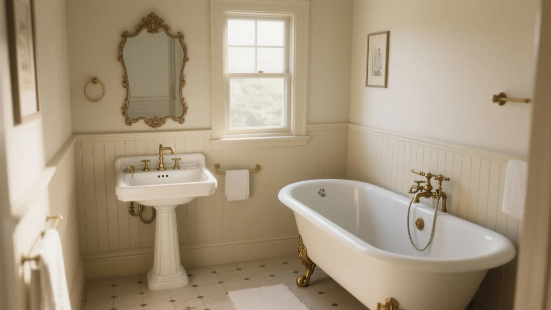 Small traditional bathroom featuring white pedestal sink bathtub gold fixtures and cream colored wall panel