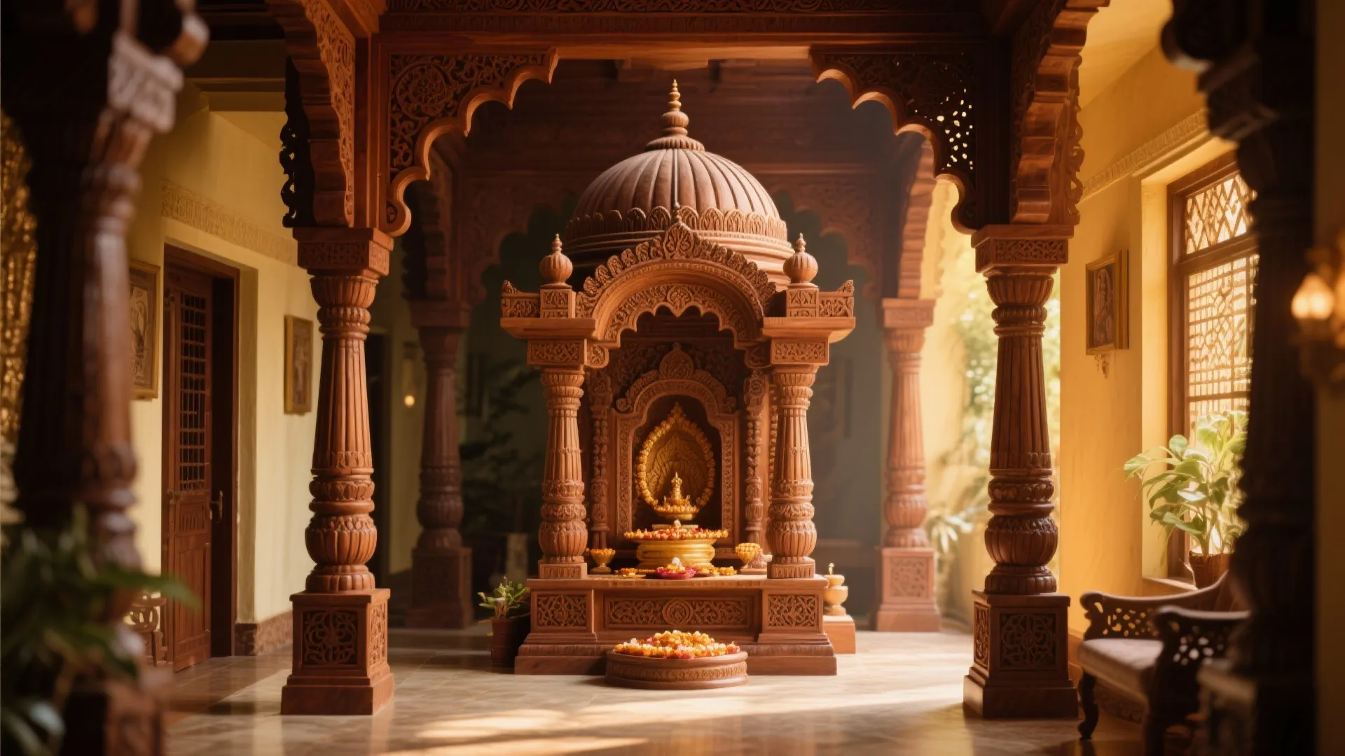 Traditional Carved Wooden Temple with Dome