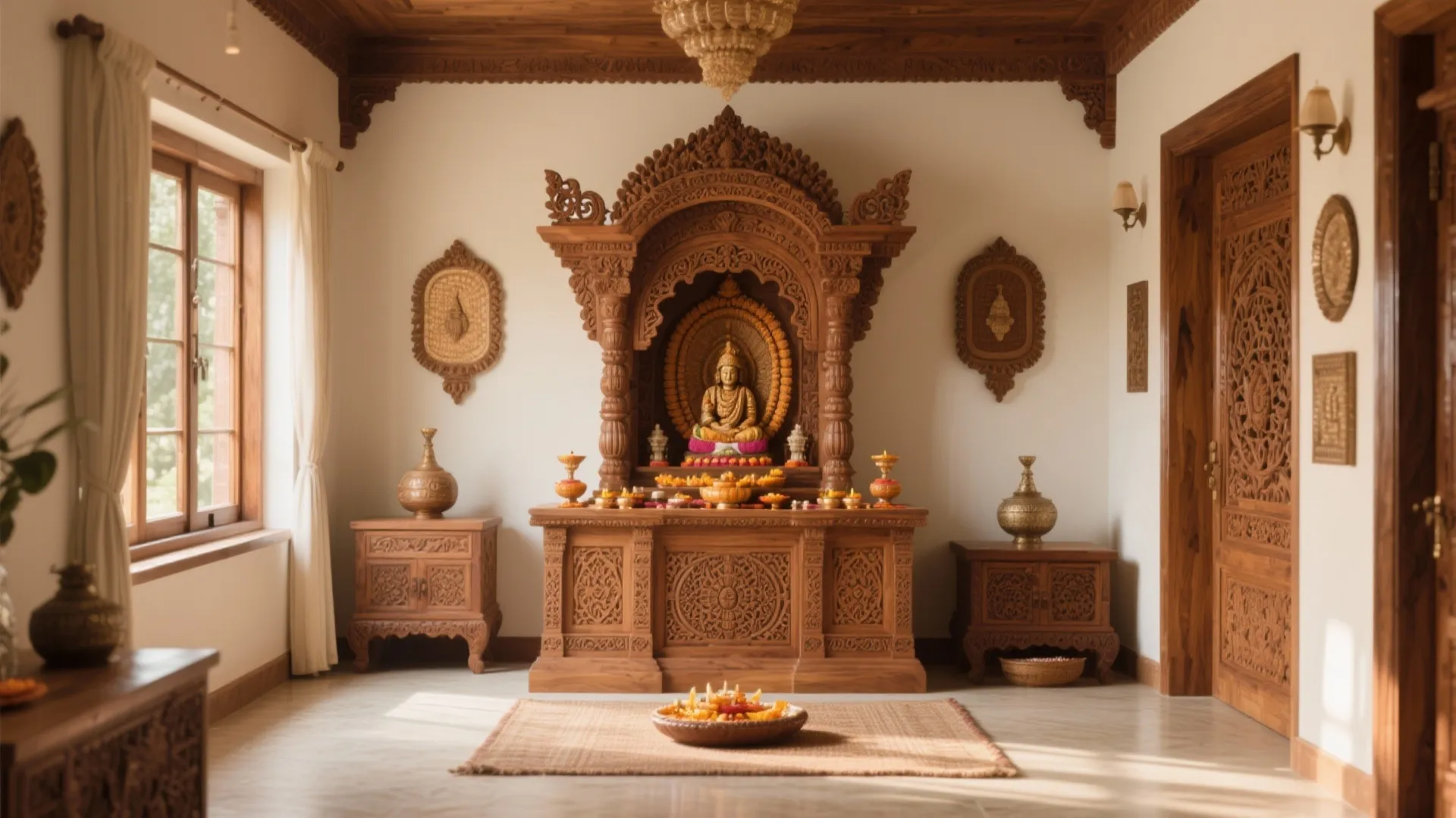 Traditional wooden prayer room featuring carved shrine, golden statue, ceiling light, rug, and side cabinets