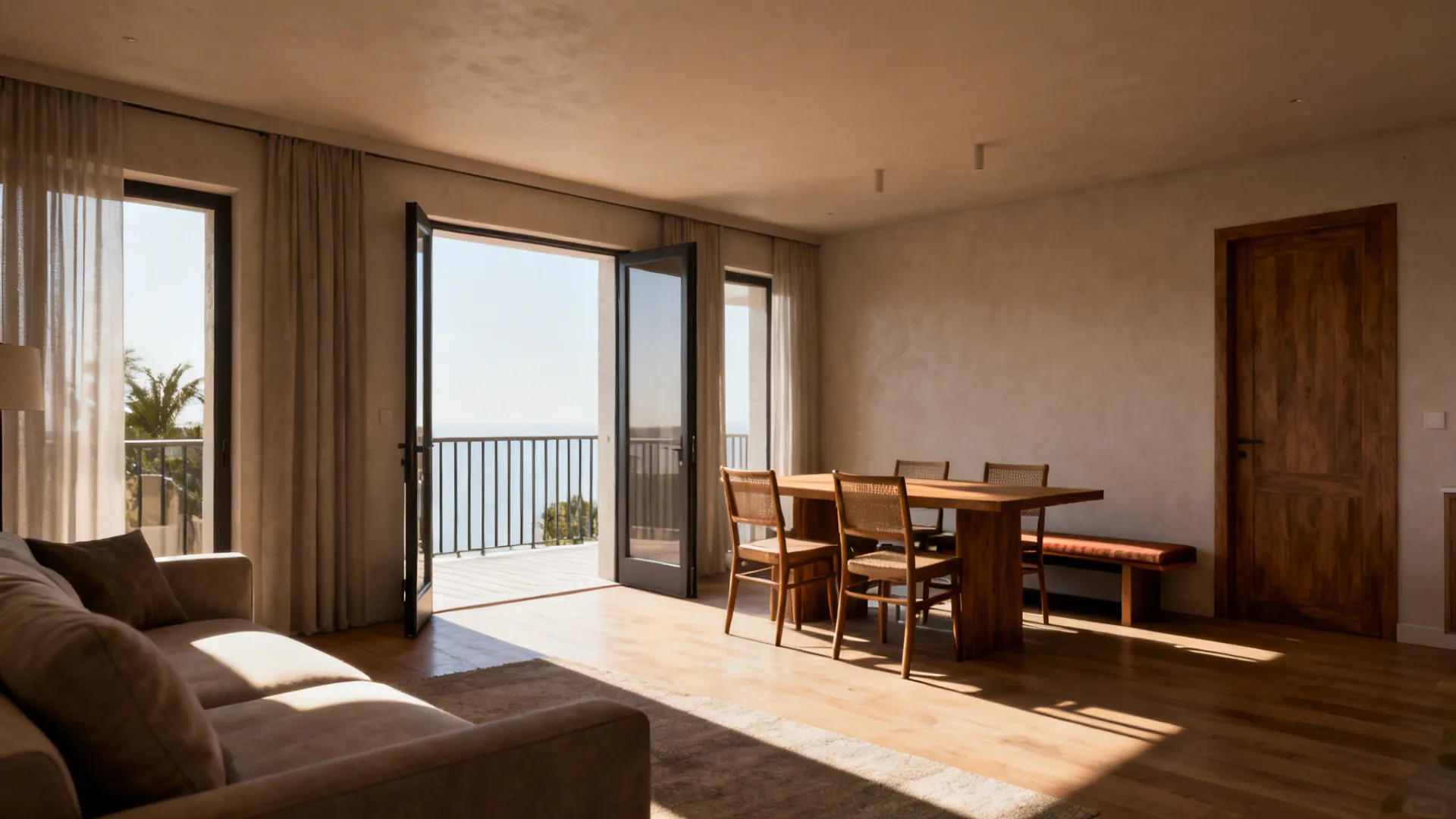 Living-dining layout showing clear pathway and angled sofa to support conversation and reduce glare