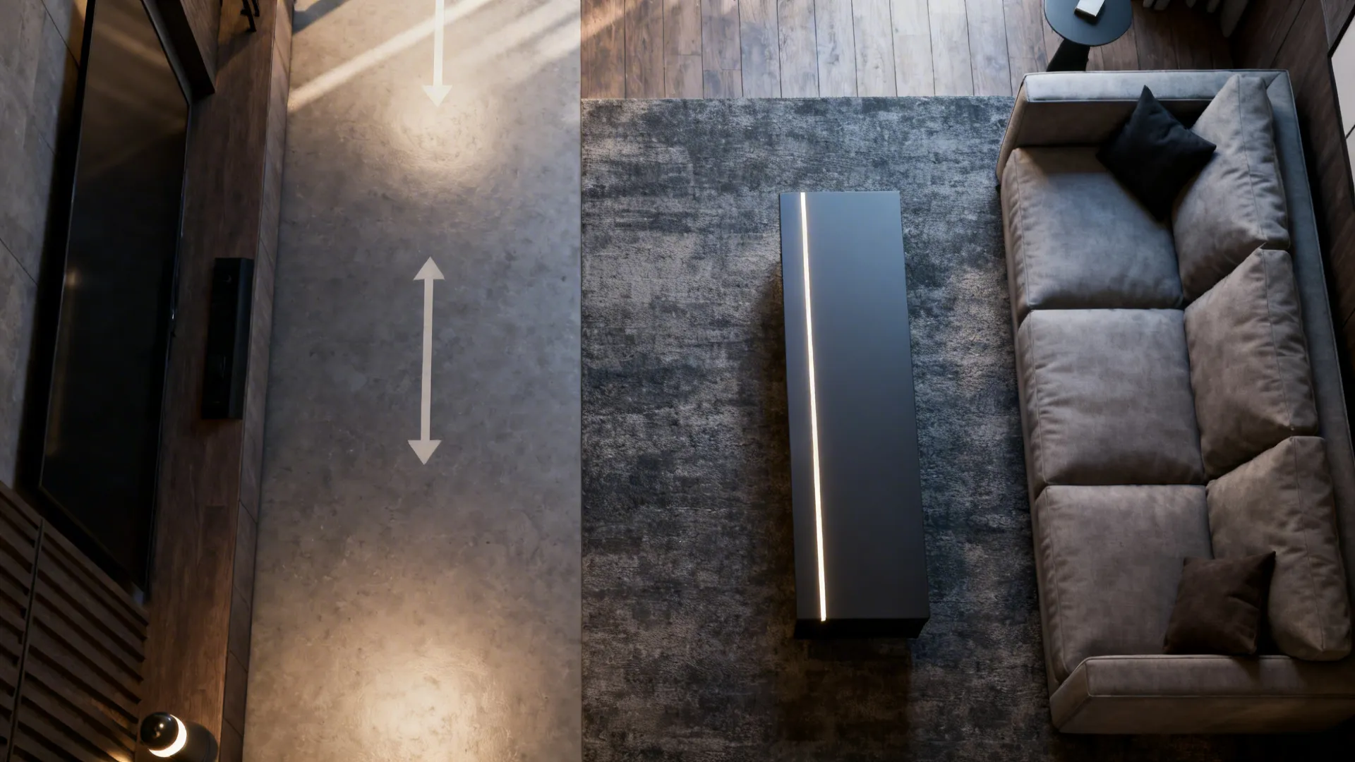 Top-down living room layout showing a slim coffee table aligned parallel to the main traffic flow to keep paths clear.