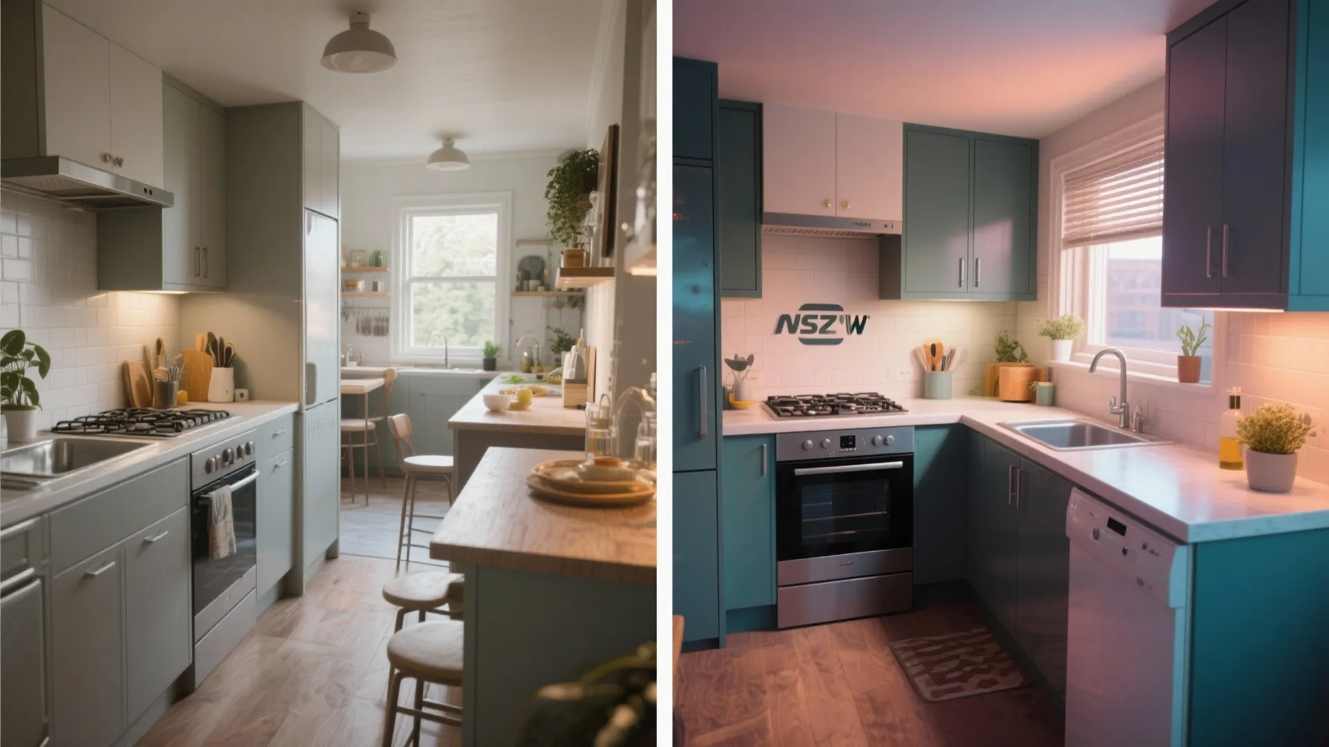 Comparison of two kitchen layouts showing different lighting and cabinet colors for improved room flow