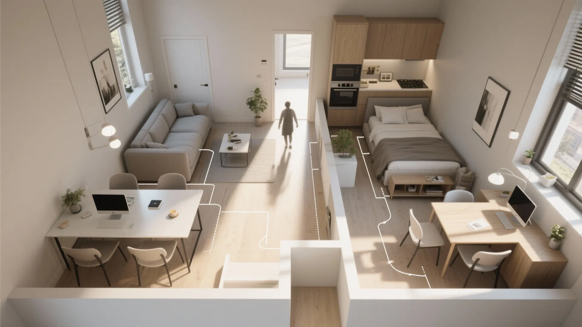 Interior design drawing showing room layout with sofa dining table bed and paths for walking