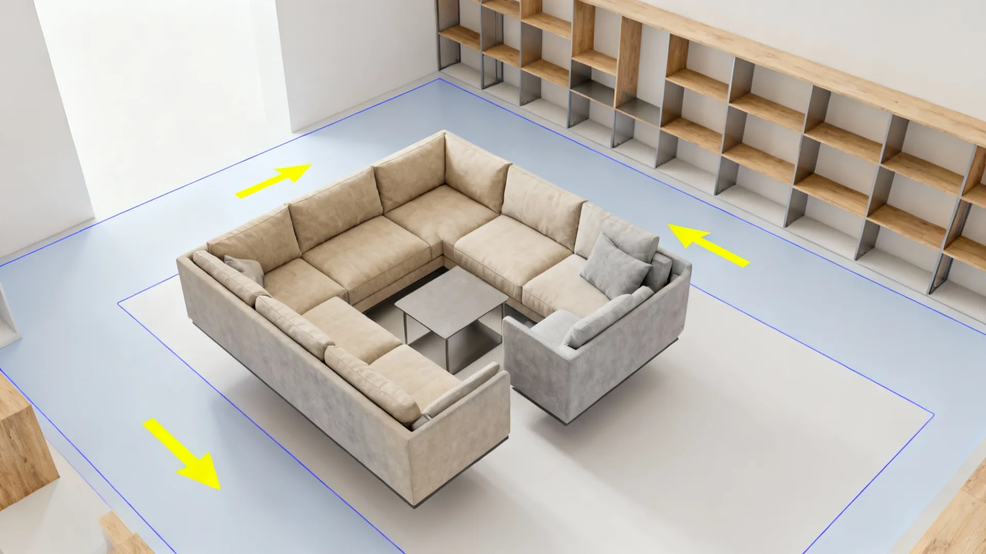 Tan sofa with yellow arrows and blue lines indicating floor space for room layout planning