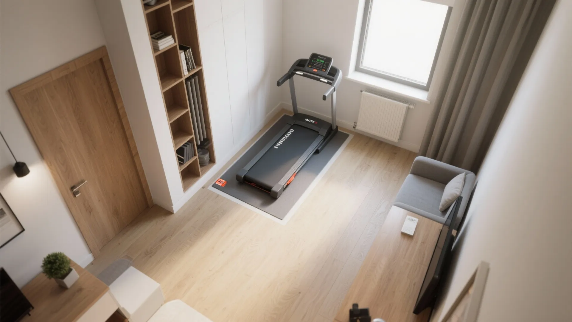 Top down view of a small apartment room layout with treadmill sofa and bookshelf furniture