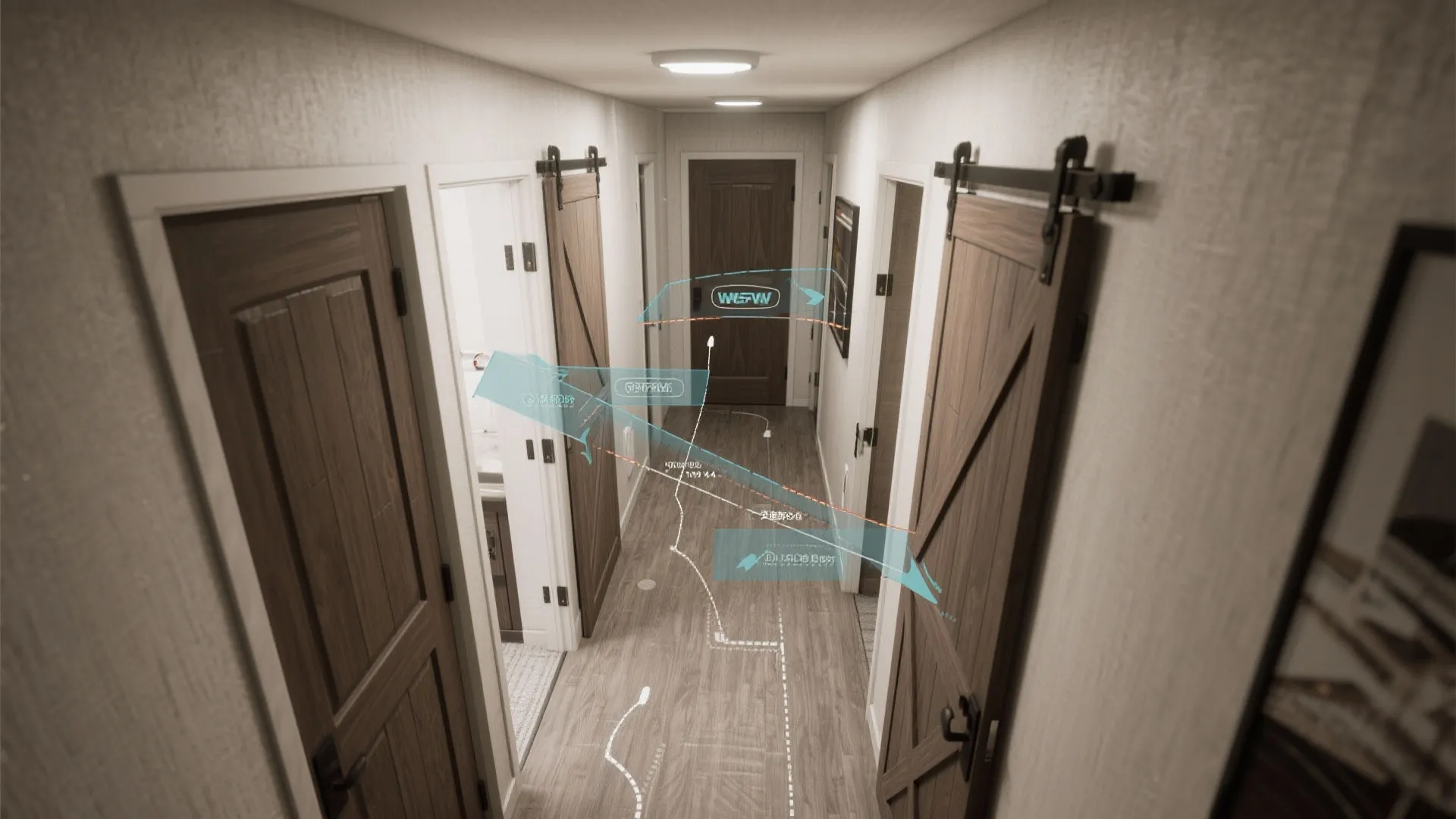Top-down view showing door swing and traffic flow solutions for a fifth wheel corridor.