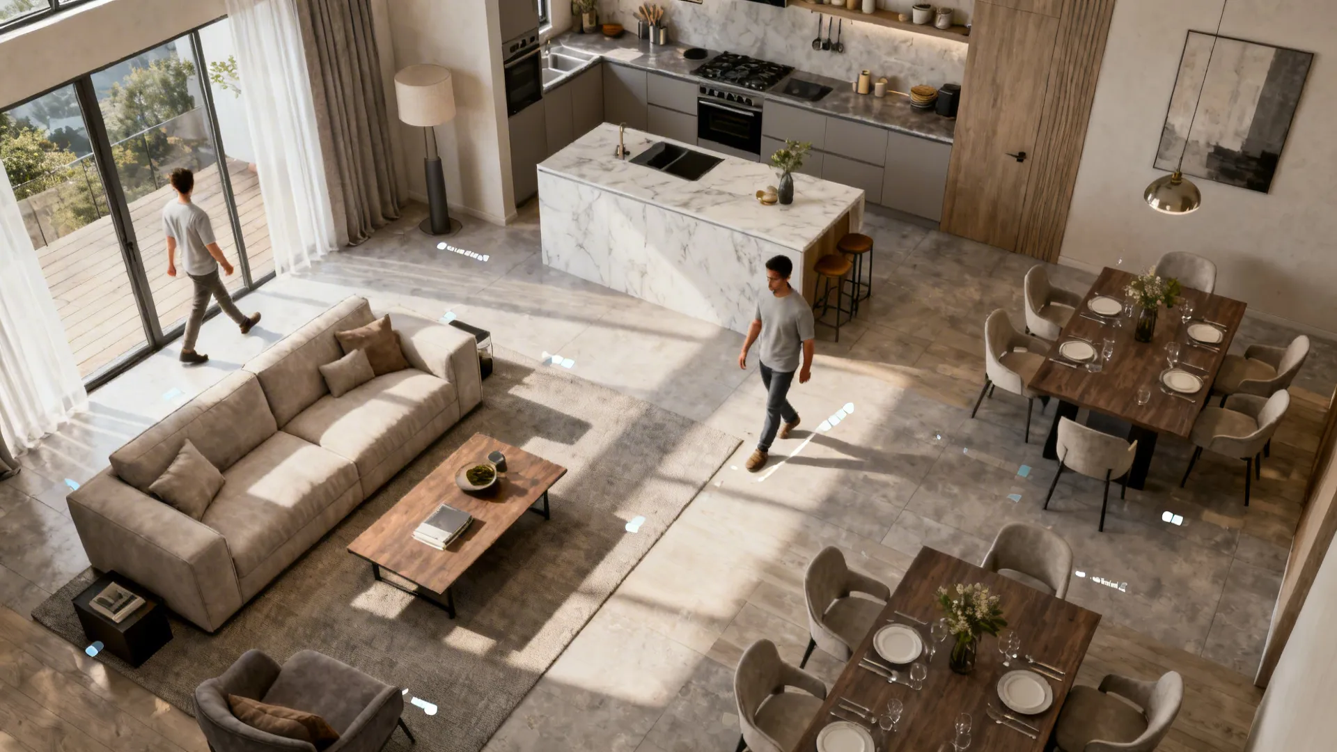 Top-down view of an open plan layout showing clear walkways and furniture placement for good circulation.