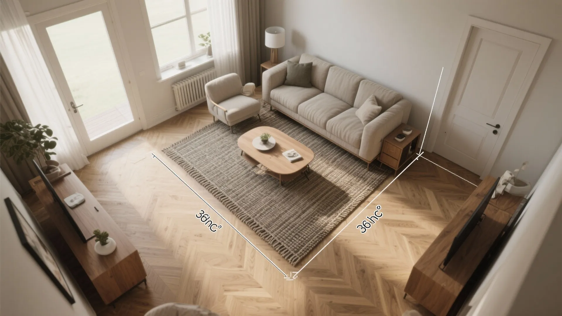 Living room interior design drawing showing furniture placement and floor measurements with a large rug