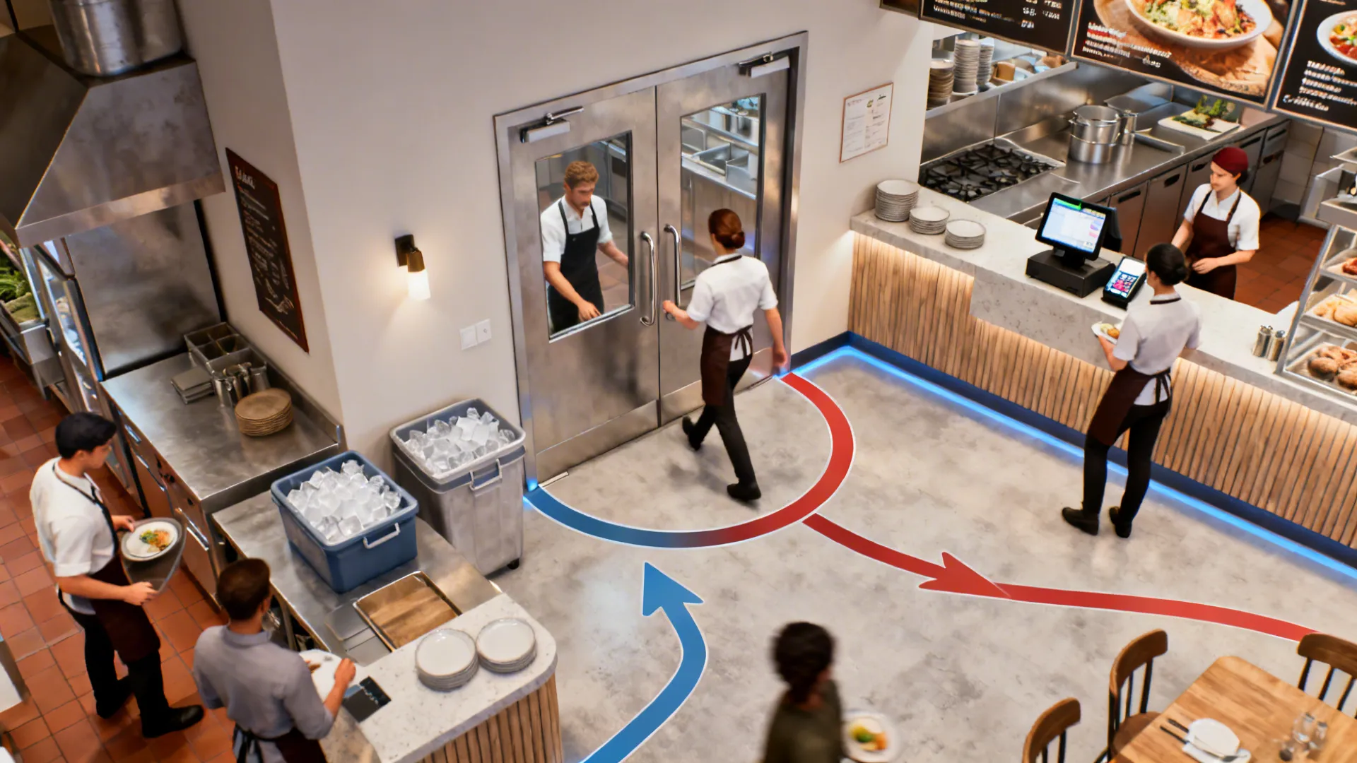 Top-down visualization of kitchen traffic routes around a double swing door and collision zones.