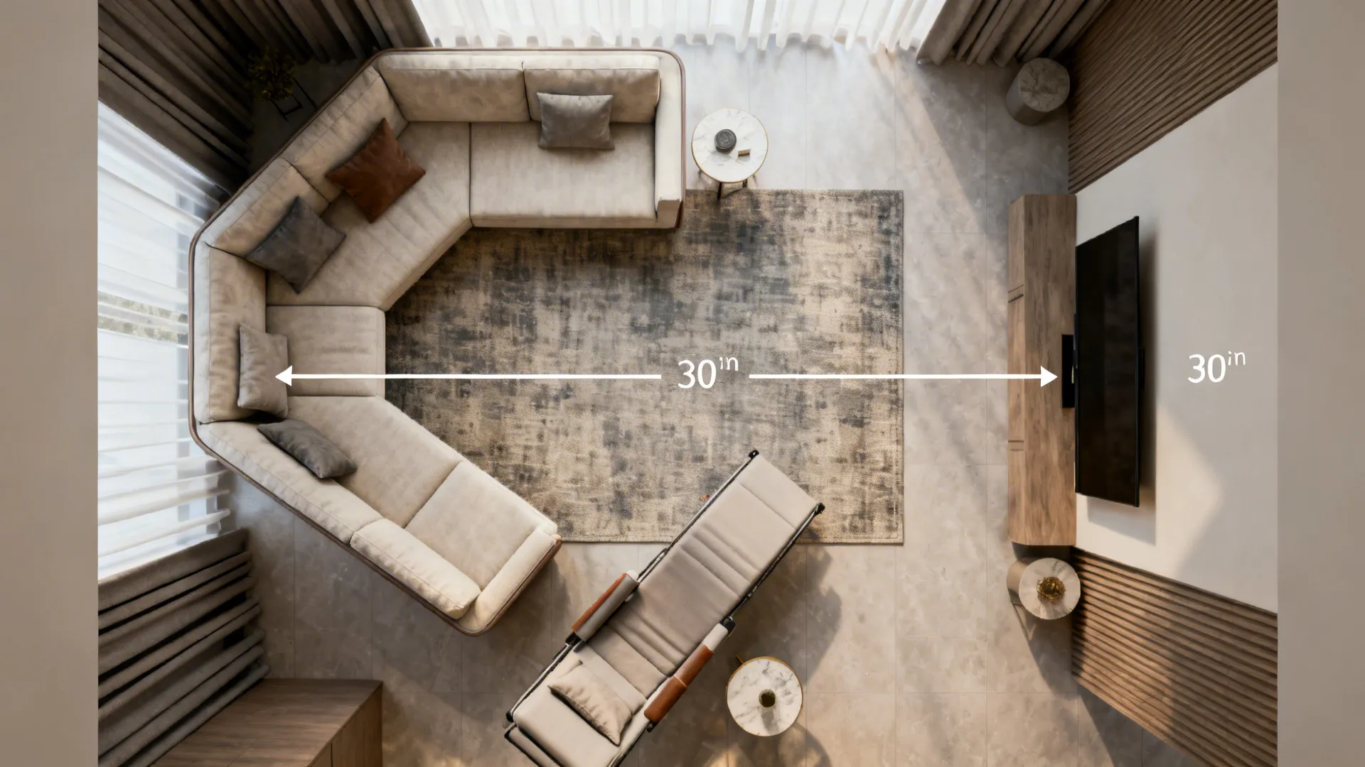 Top-down layout showing circulation paths and sightlines around a reclining sofa in a small living room