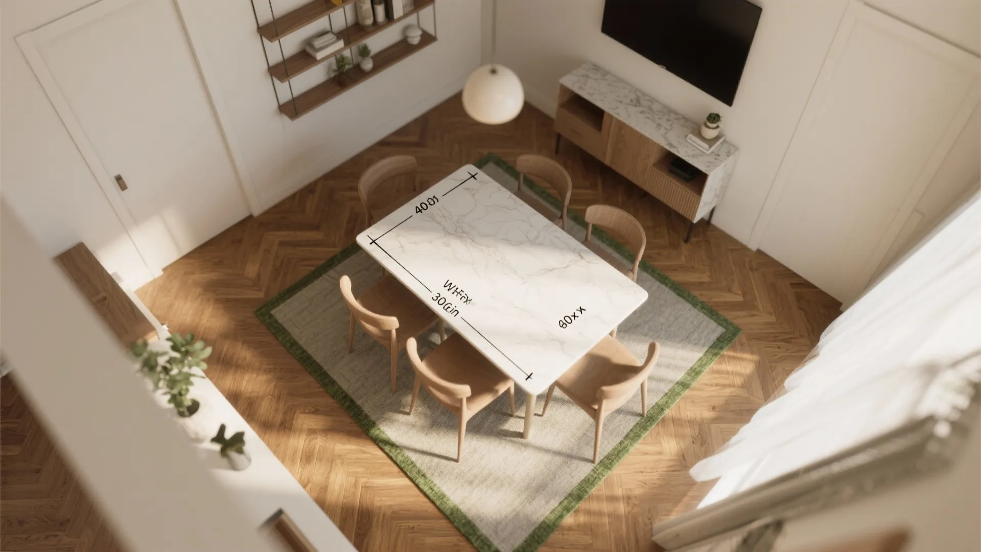 Top view of a marble dining table with wooden chairs on a rug in sunlight