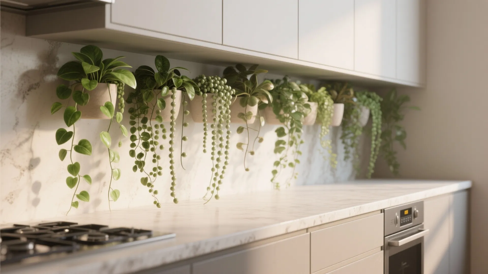 Modern kitchen with green hanging plants on white wall under cabinets and marble look countertop