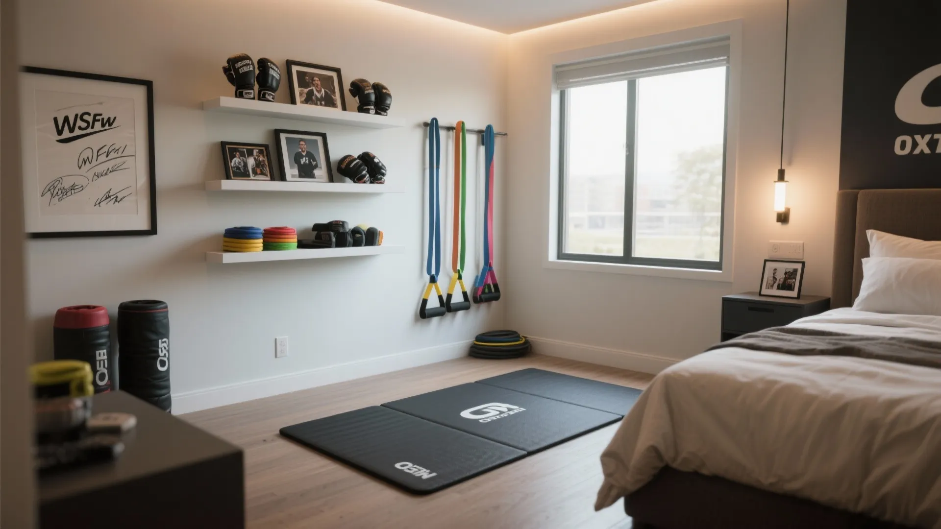 Modern bedroom gym corner with black floor mat shelves for boxing gloves and white bed