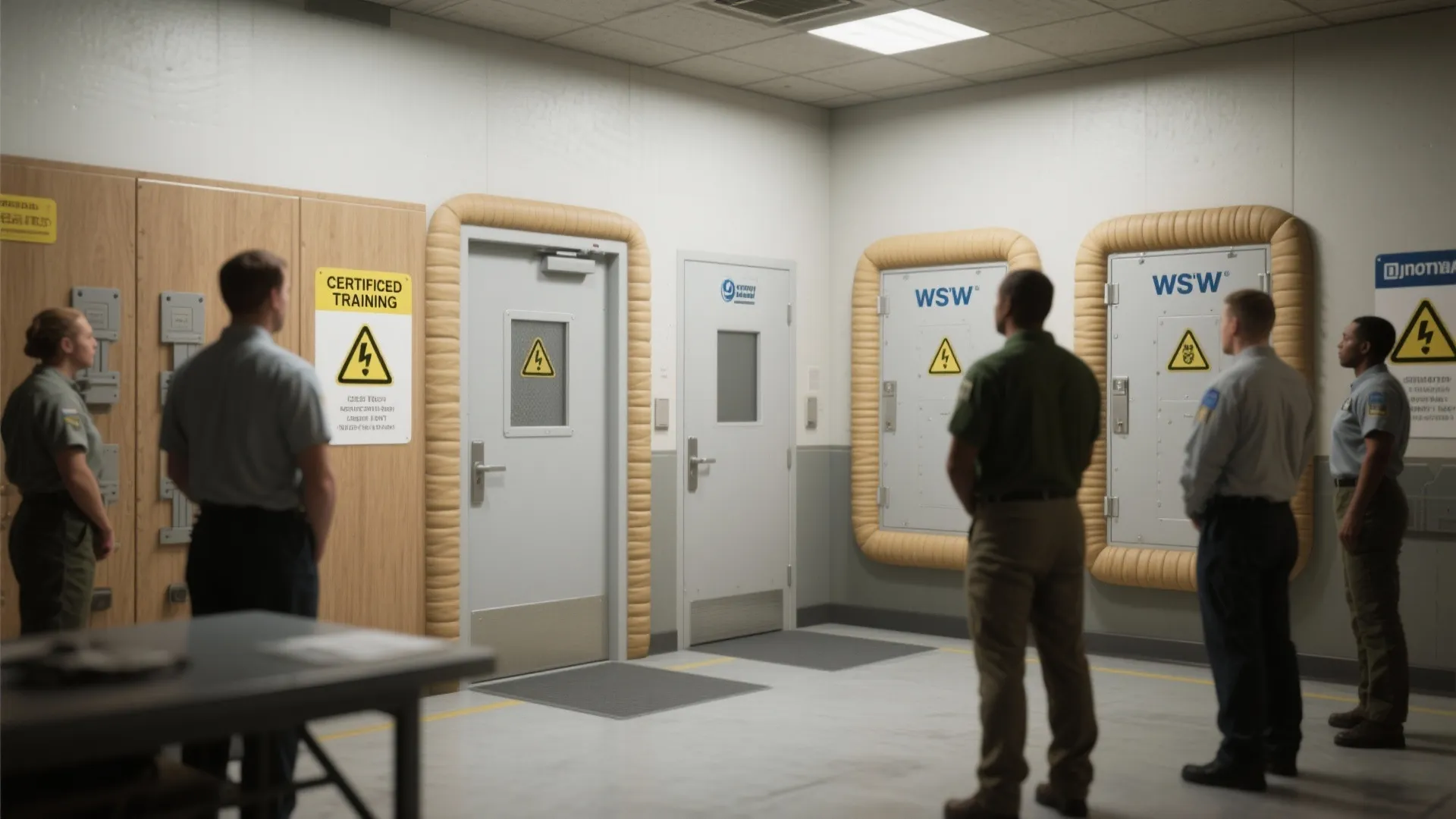 Training facility setup showing certified non-destructive training doors and instructors supervising drills.