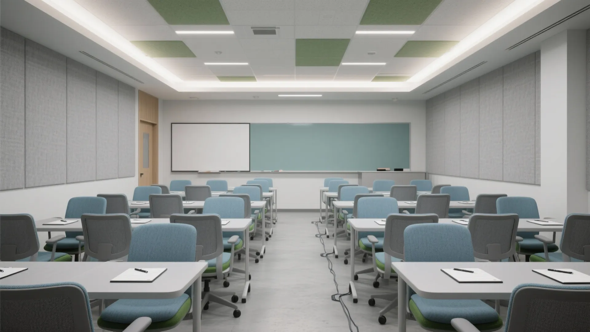 Modern training room with rows of blue chairs and desks facing a large green chalkboard