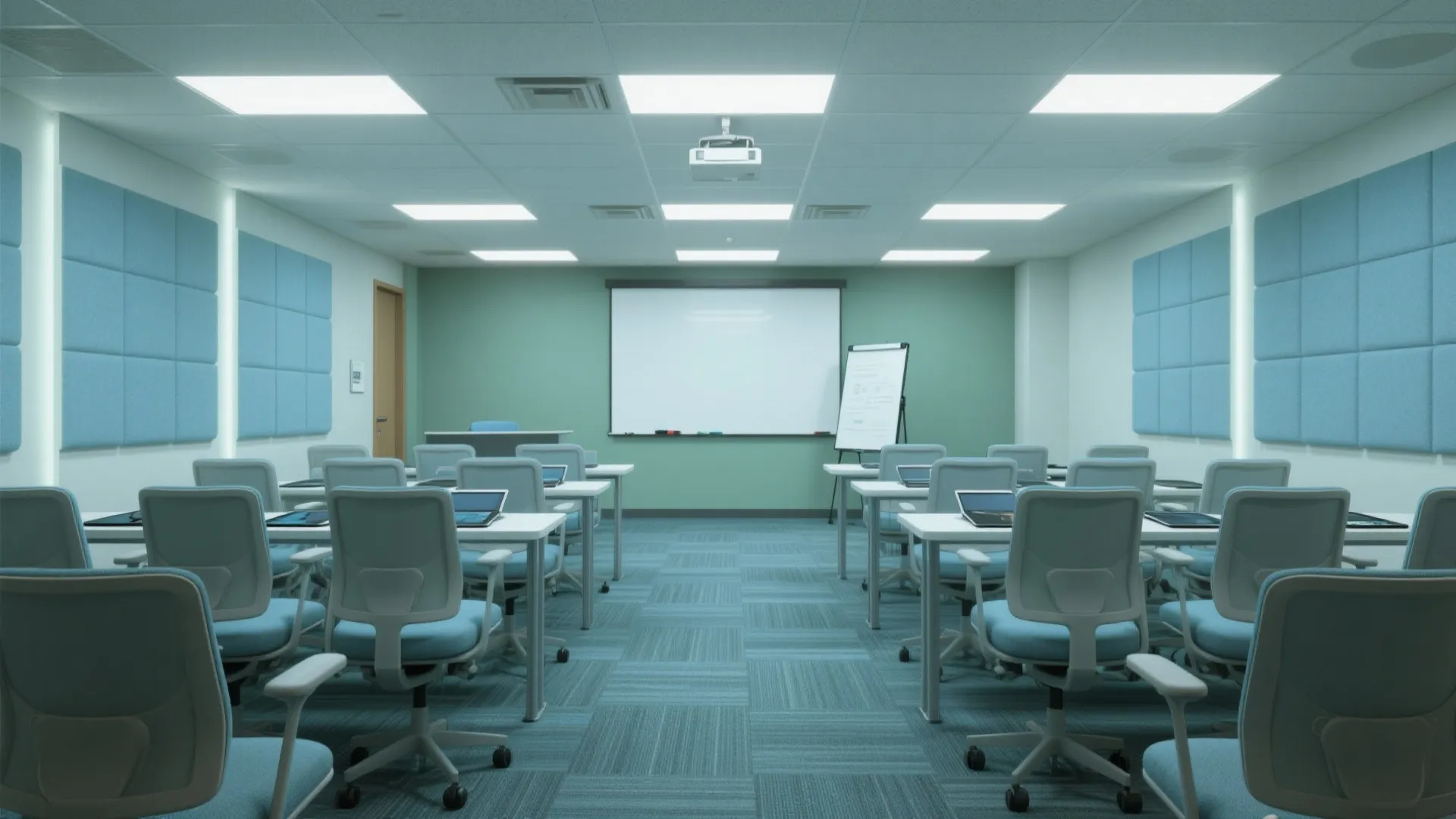Modern training room interior with blue chairs white desks projector screen and square ceiling lights
