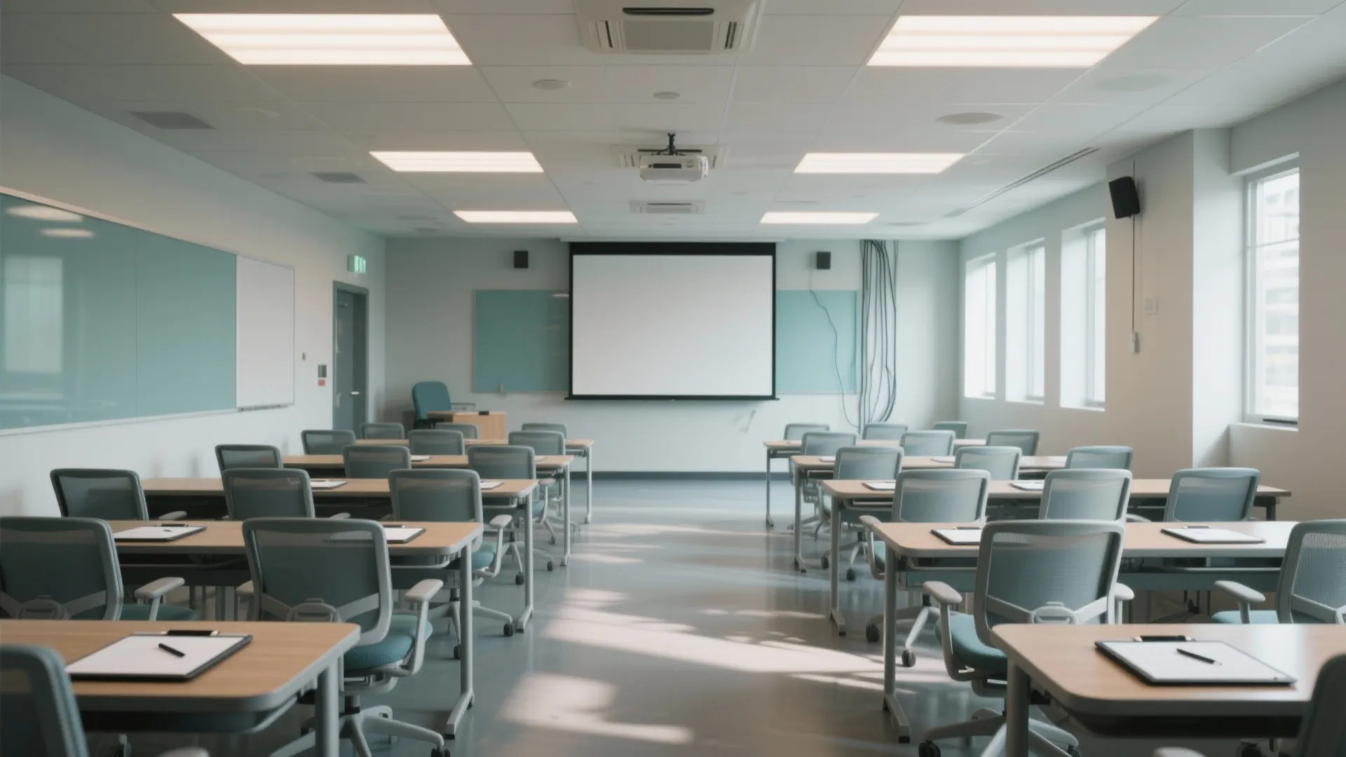 Modern training room interior design with rows of desks, grey chairs, projector screen, and windows