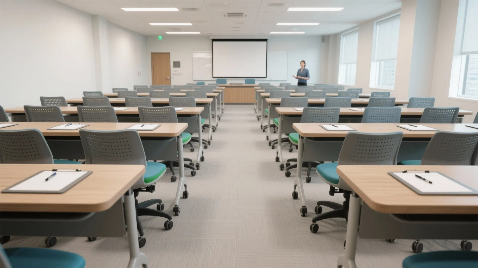 Modern training room with rows of wooden tables grey chairs projector screen and one presenter