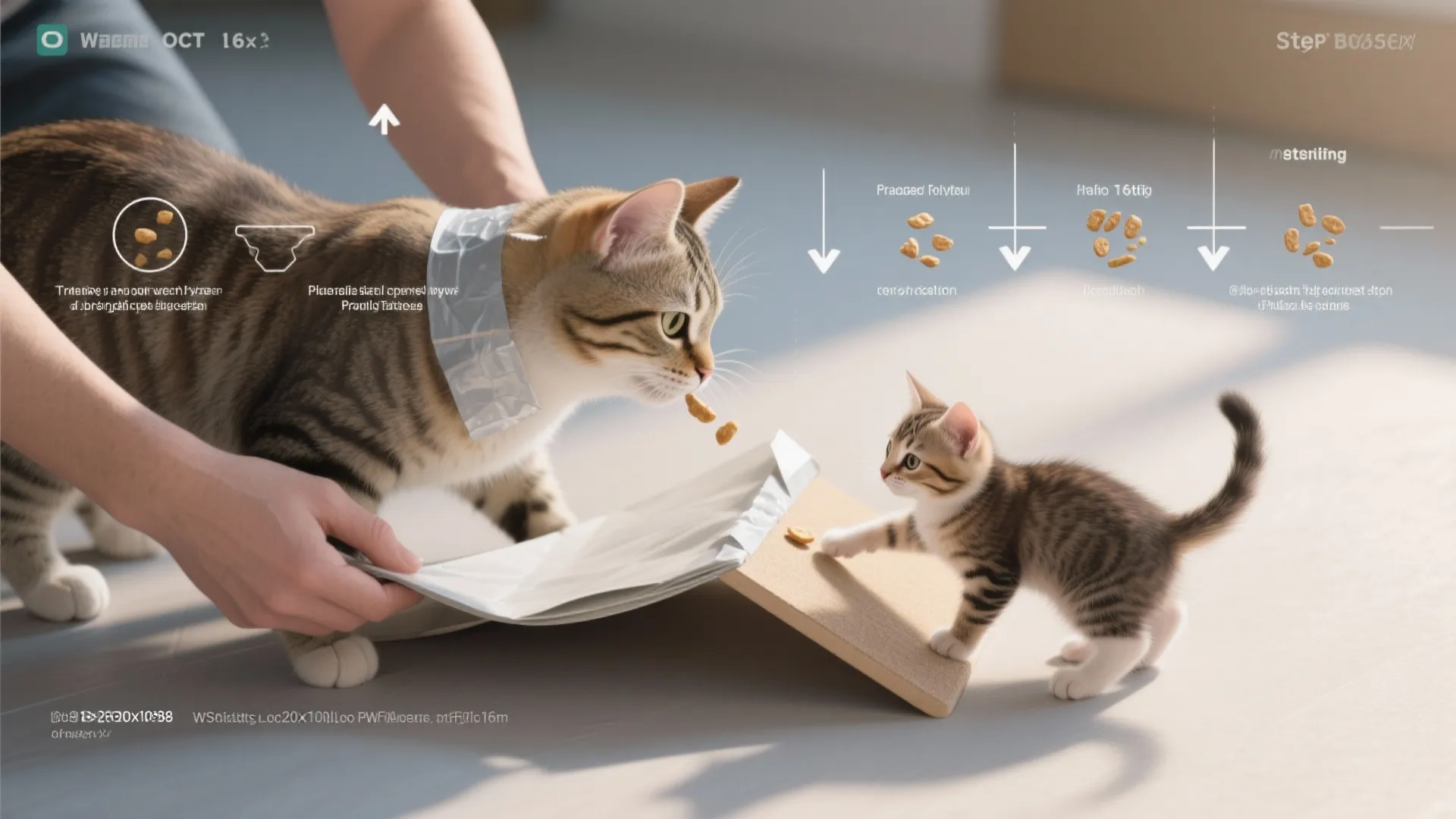 Two cats interacting with food and a paper bag showing the steps for pet training