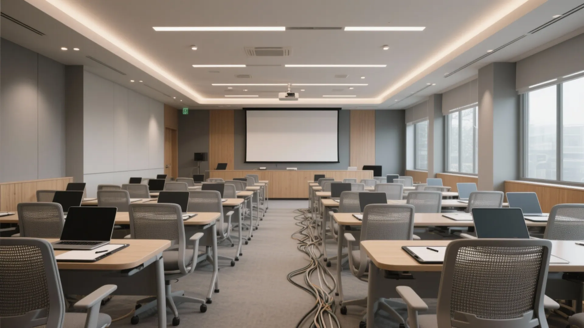 Modern training room interior design drawing with wooden desks grey mesh chairs and projector screen