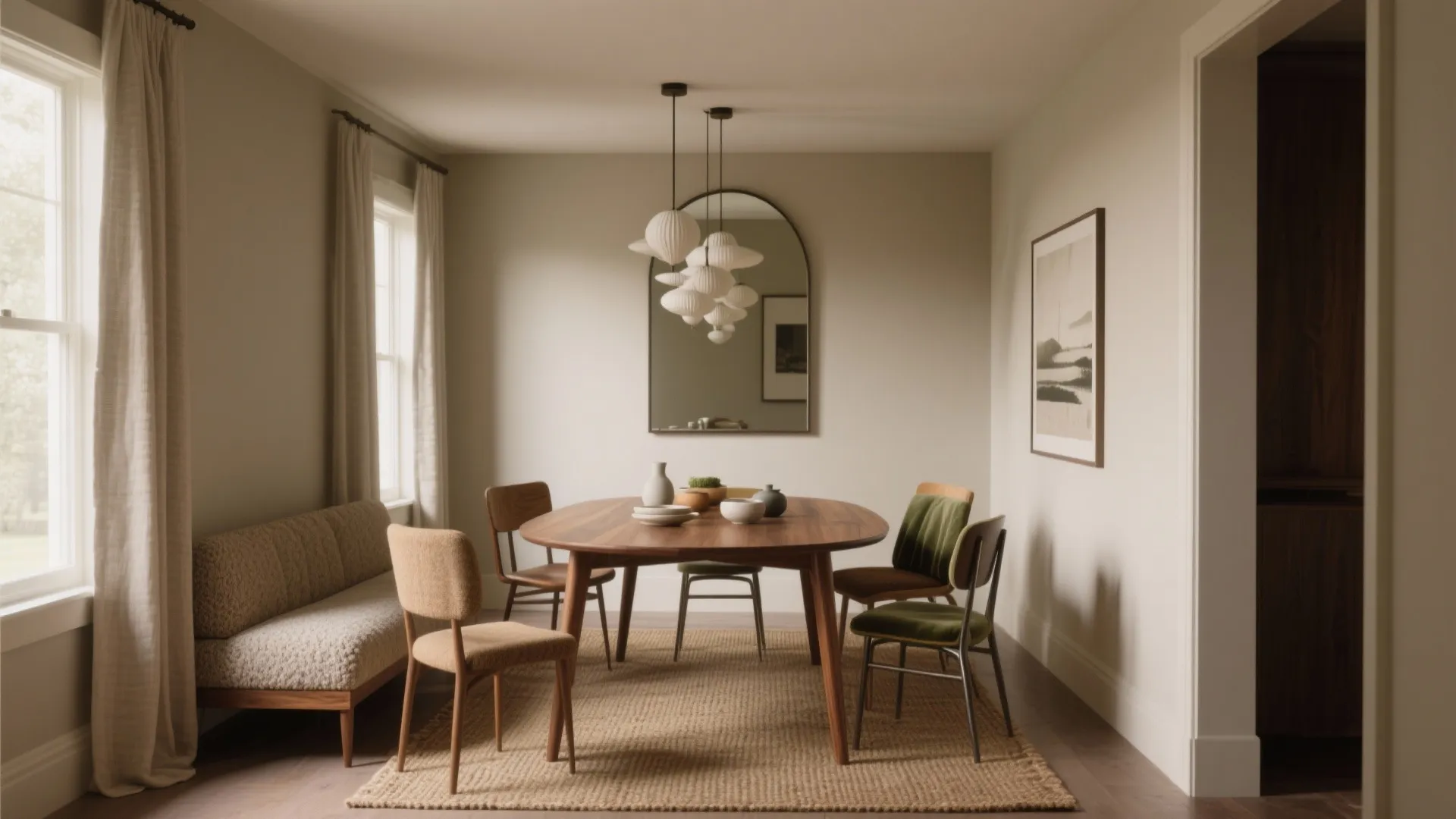 Minimalist dining room with wooden table green chairs arch mirror white ceiling light and rug