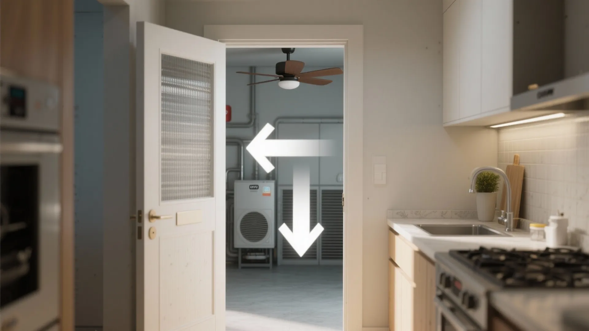 Kitchen view looking into another room with ceiling fan white door and air flow arrows