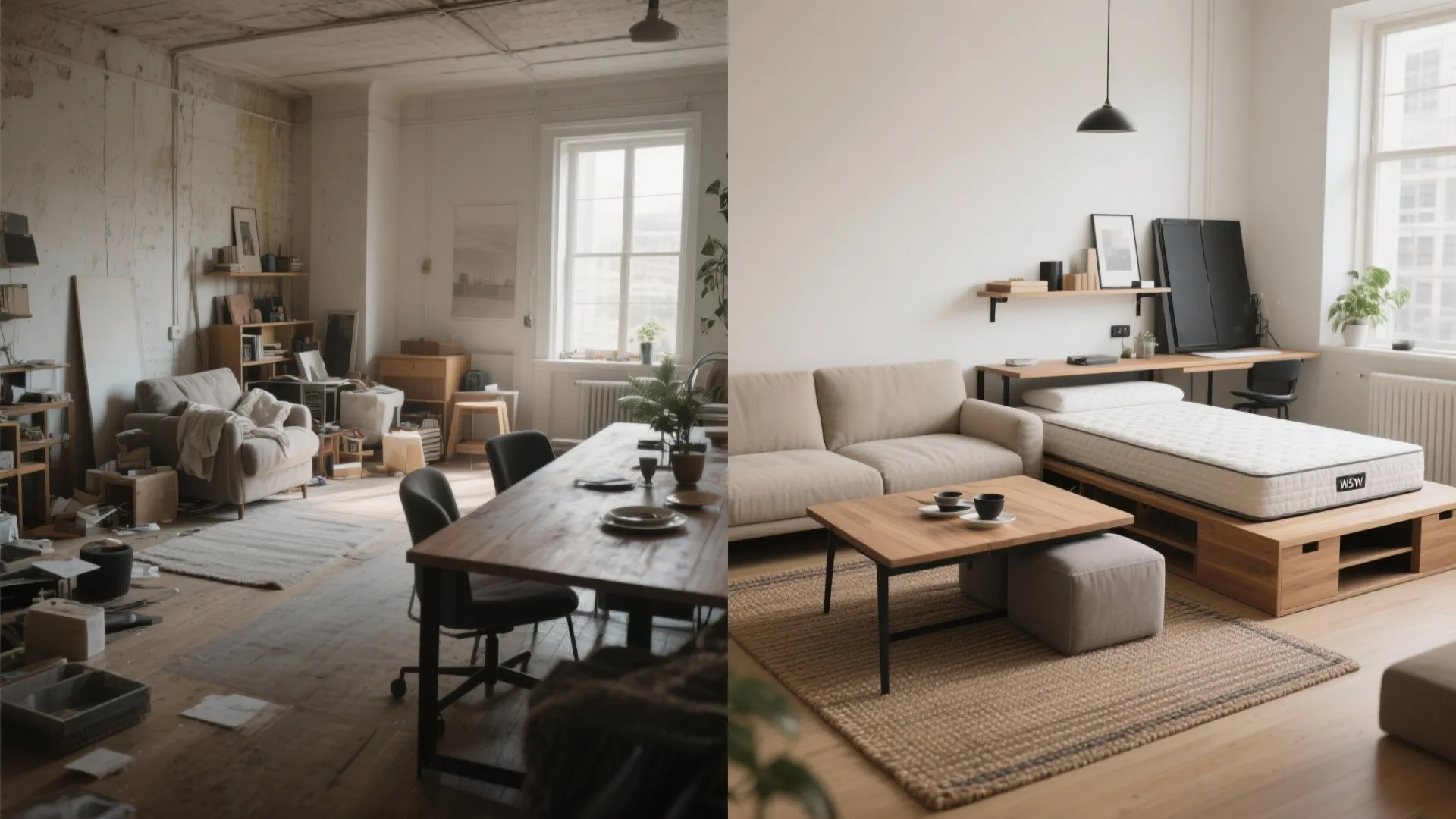 Before and after comparison showing a messy room transformed into a clean and organized studio apartment