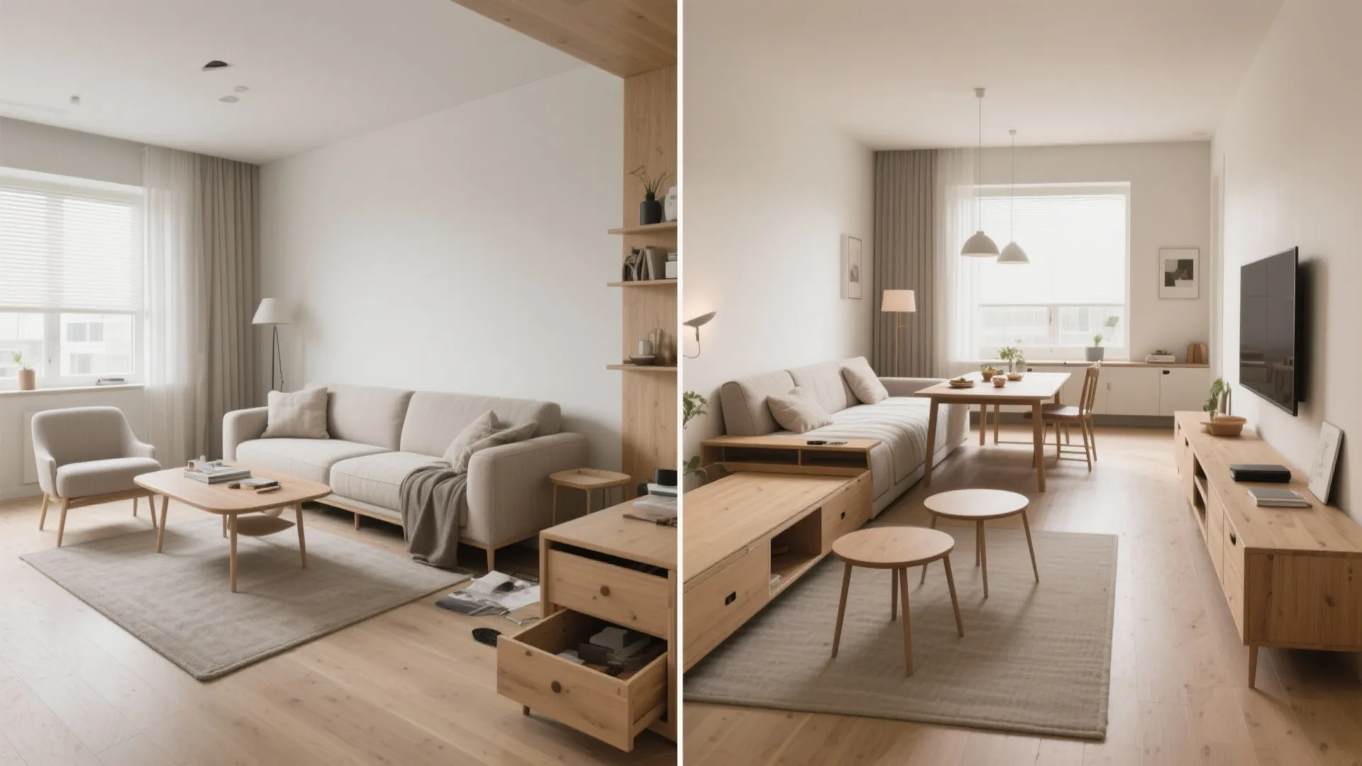 Before and after comparison of a living room layout with sofa dining table and cabinet
