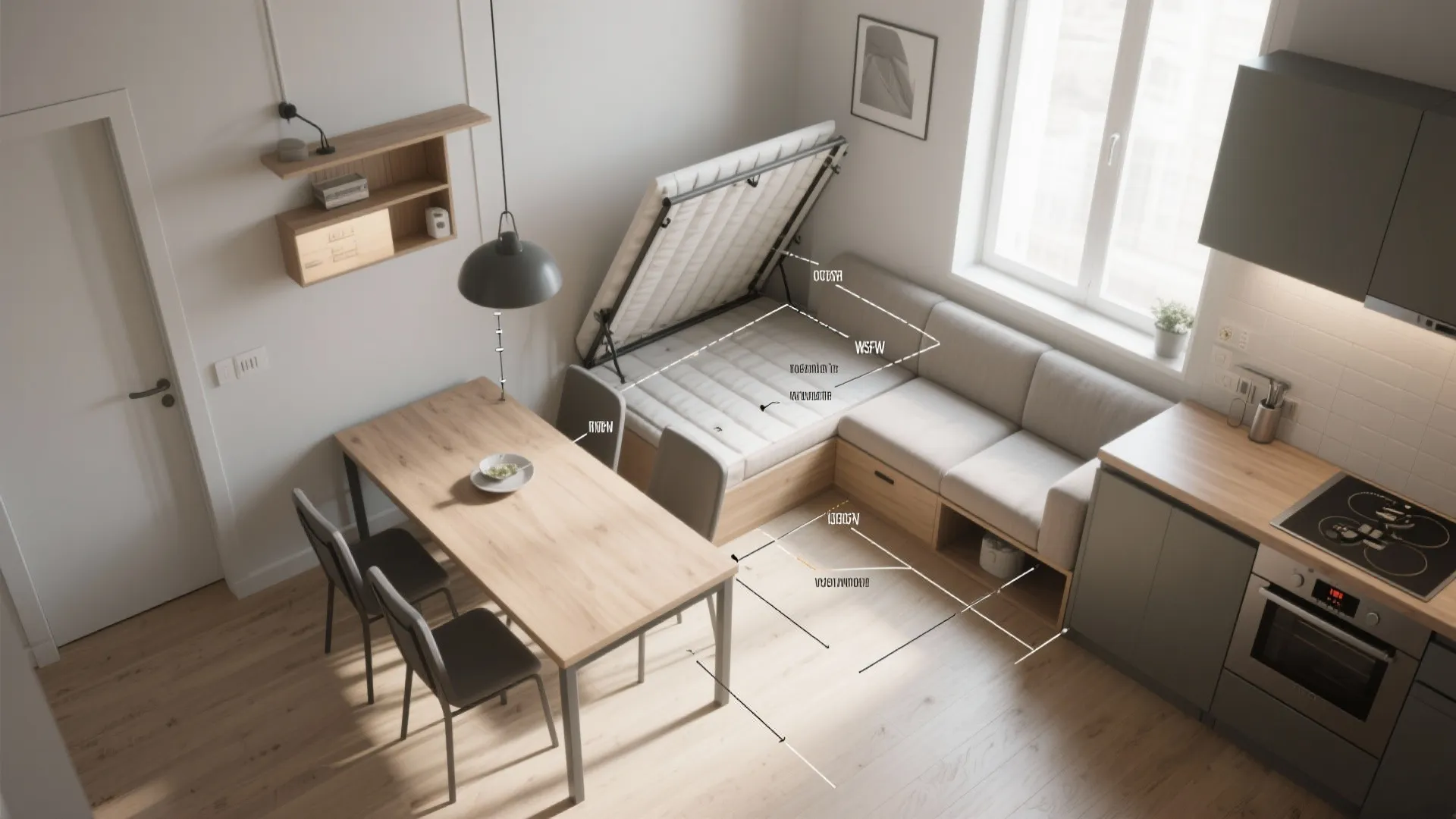 Functional studio apartment with wooden dining table chairs and grey sofa bed showing hidden storage space
